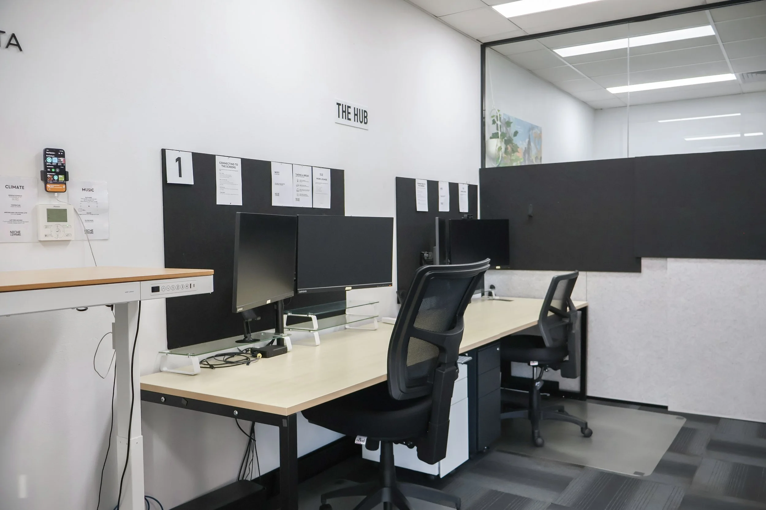 The Hub – 3 Person Work Area. Dual monitors. Extra space. Solo or team use.

The Hub is a bright 3 person work area within an open plan setting that feels visually private and clearly defined.

This space is ideal for solo professionals wanting room 