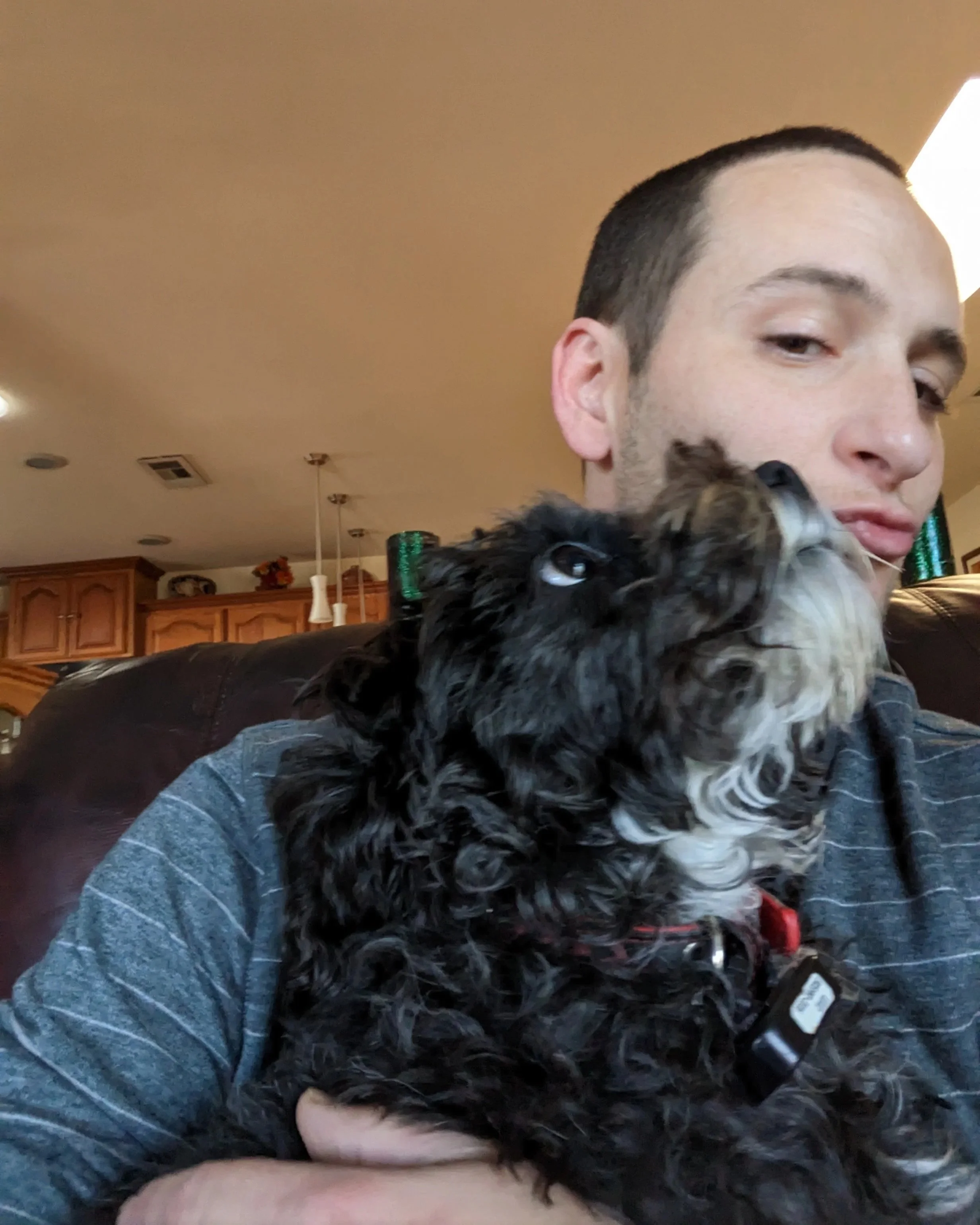 A young man with short dark hair and a gray striped shirt holding a fluffy black and white dog with curly fur, sitting on a leather couch in a cozy home interior.