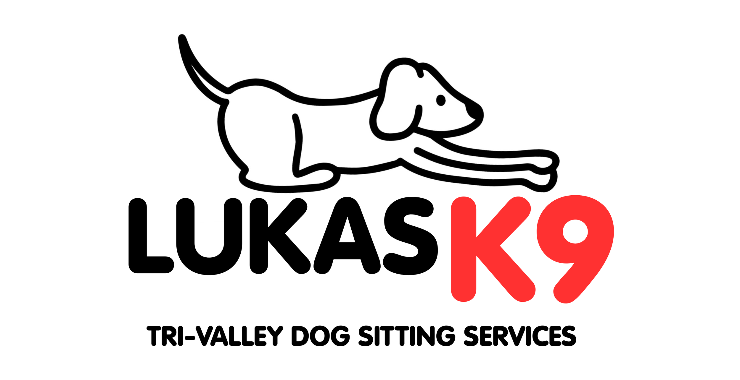 LUKAS K9 Tri Valley Dog Sitter and Dog Walker logo. An outline of a cartoon black dog laying over the words ' LUKAS K9' and below that in smaller text reads Tri-Valley Dog Sitting Services