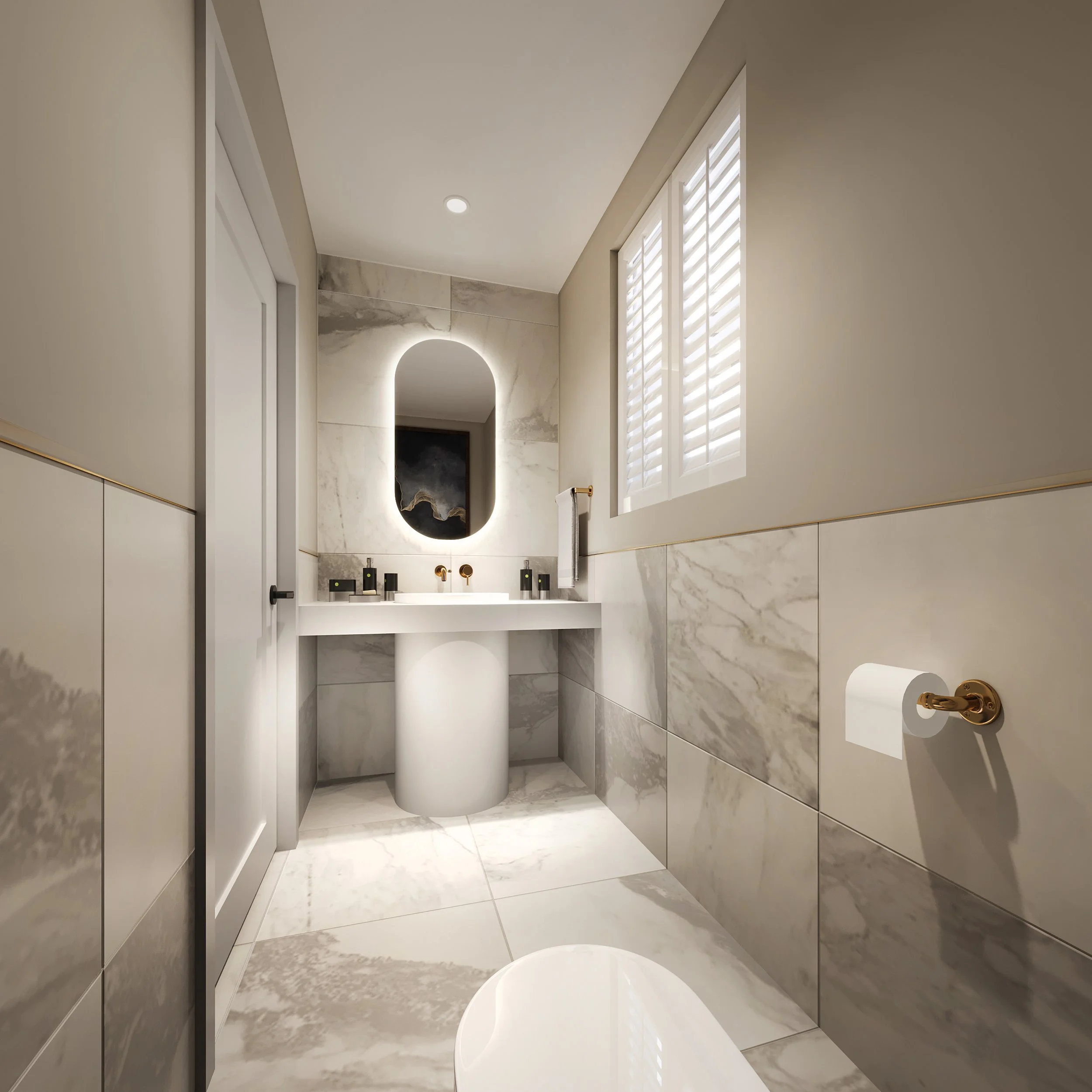 Modern bathroom with marble walls and floor, white vanity, an oval mirror with backlit lighting, two small black accent pieces, and closed white shutters on the window.