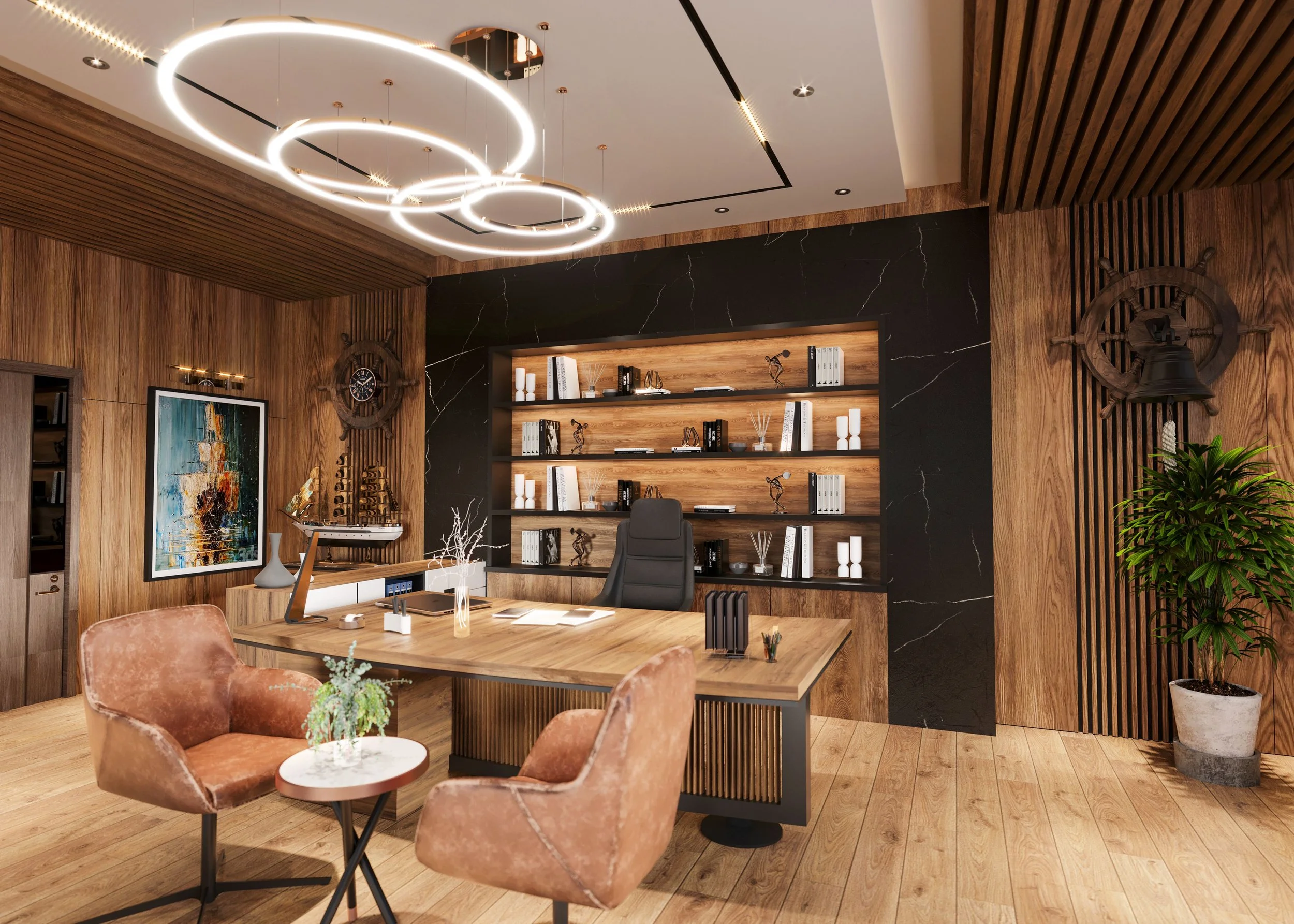Modern office with wooden walls, black marble accents, a bookshelf, a decorative ship model, and a colorful abstract painting. The ceiling has stylish circular LED light fixtures, and there are comfortable pink velvet chairs with a small round table 