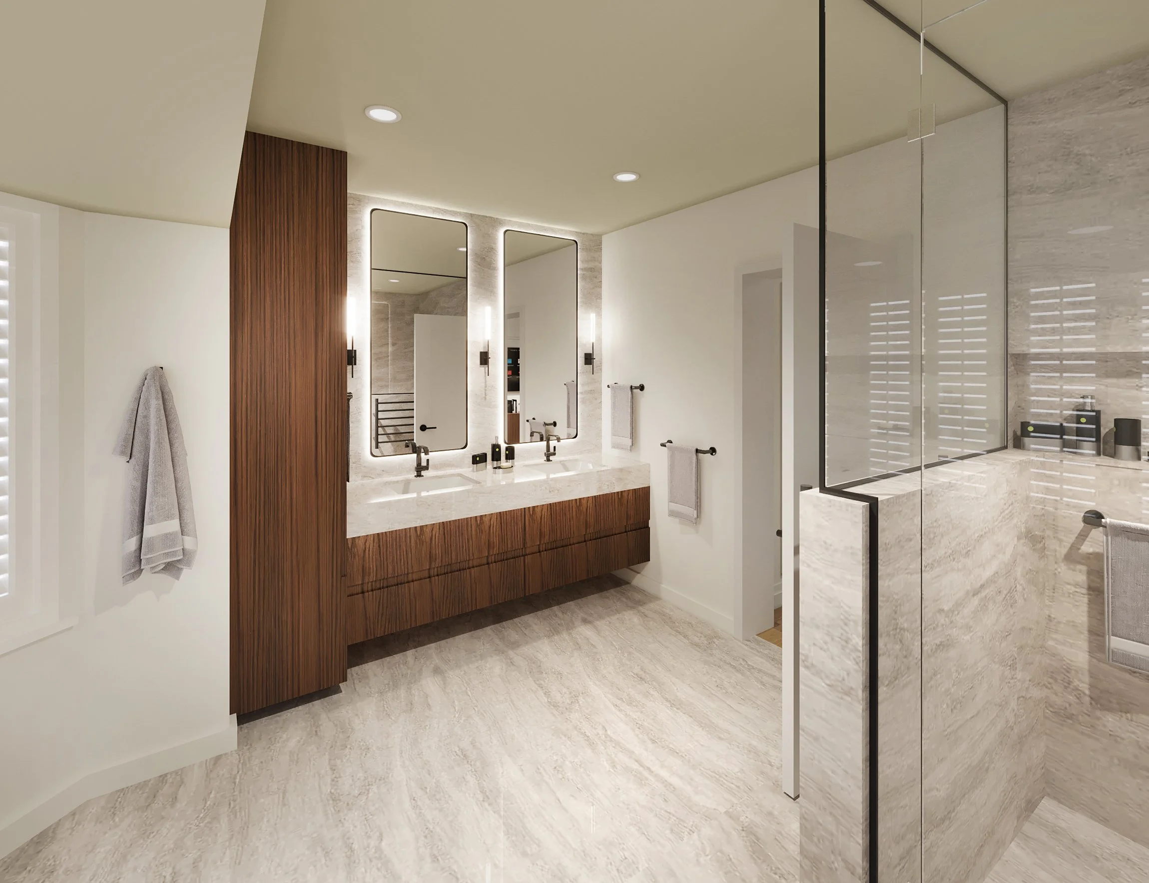 Modern bathroom with large mirrors, double sinks, wooden vanity, glass shower enclosure, neutral-colored tiles, and wall-mounted towels.