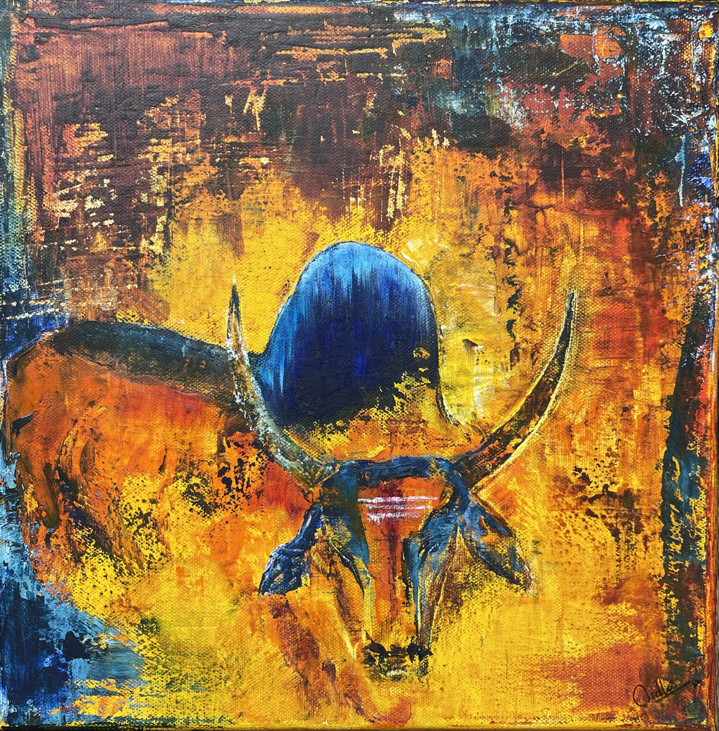 Dharma 4 ( Sanskrit : Cosmic Law)  |
Acrylics on Canvas |
30/30cm | Year : 2022 |
HKD 5,750 |

Dharma 4 - The magnificent bulls naturally bear the great virtue of receptivity and steadfastness. They represent Drama -The Comic Law that needs to be pre