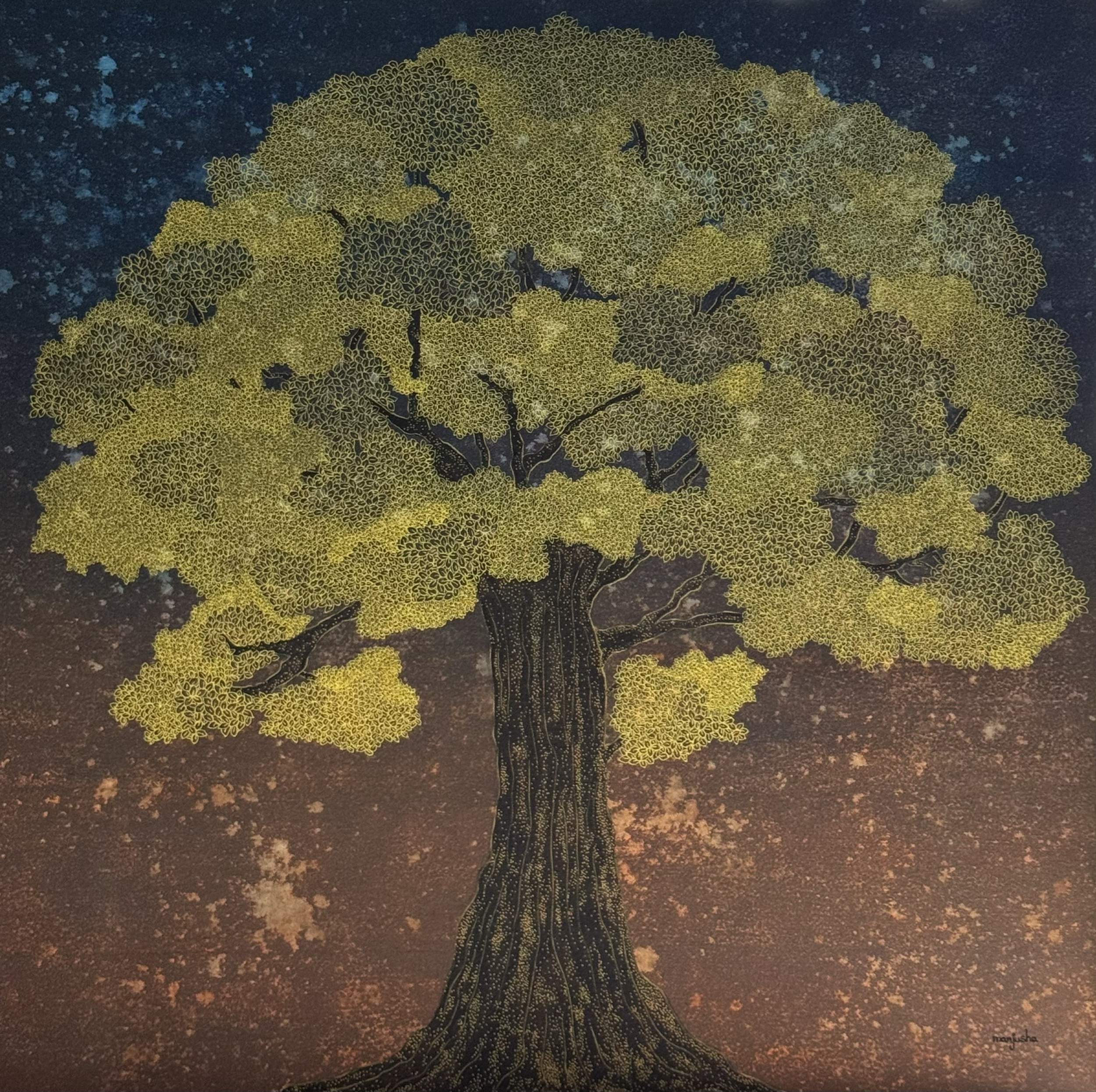  Tree of Wealth |
Mixed Media on Canvas |
76/76 cm | Year : 2025 |
HKD 12,000 |

Golden leaves gather like quiet abundance, glowing against a deep night sky. It feels like prosperity rooted deep, gently reaching into the dark.