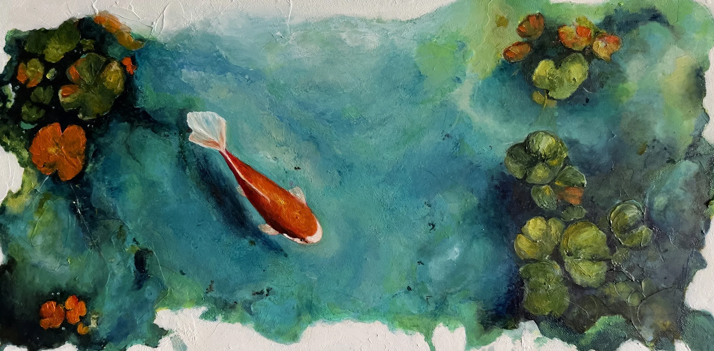 Zi Zai |
Oils & Acrylics on Canvas |
61/30 cm | Year : 2026 |
HKD 4,888 |

Zi Zai - to be completely at ease within oneself, moving through the world without resistance or pretence.

This single Koi asks nothing of the water and the water asks nothin