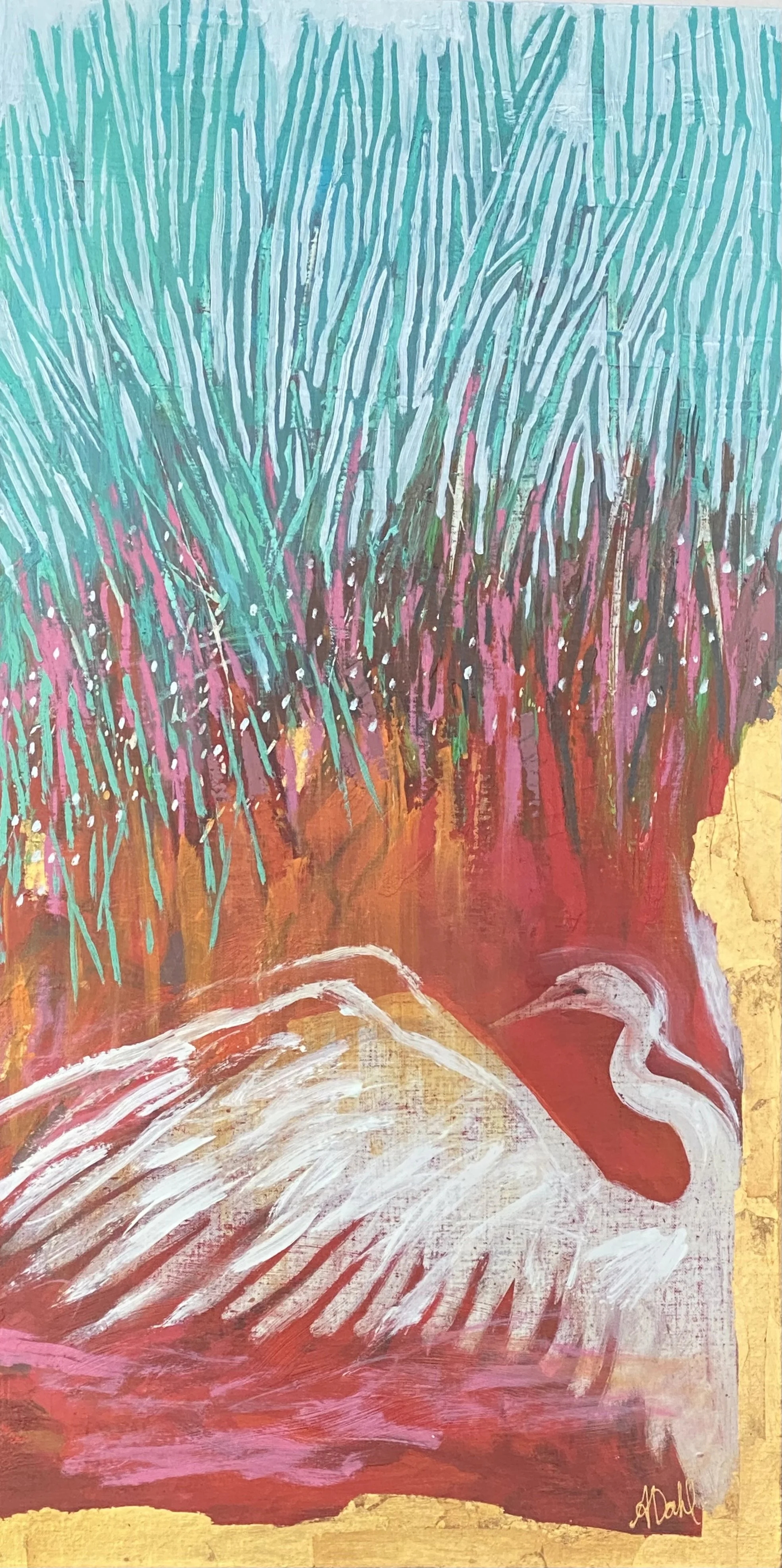 In the rice fields |
Oil, Acrylics and Mixed Media on Canvas |
45/90cm | Year : 2025 |
HKD 9,200 |

The Rice fields are alive with birds following the plough man tilling the soil as he gets it ready for planting.rice. There are tasty morsels of worms
