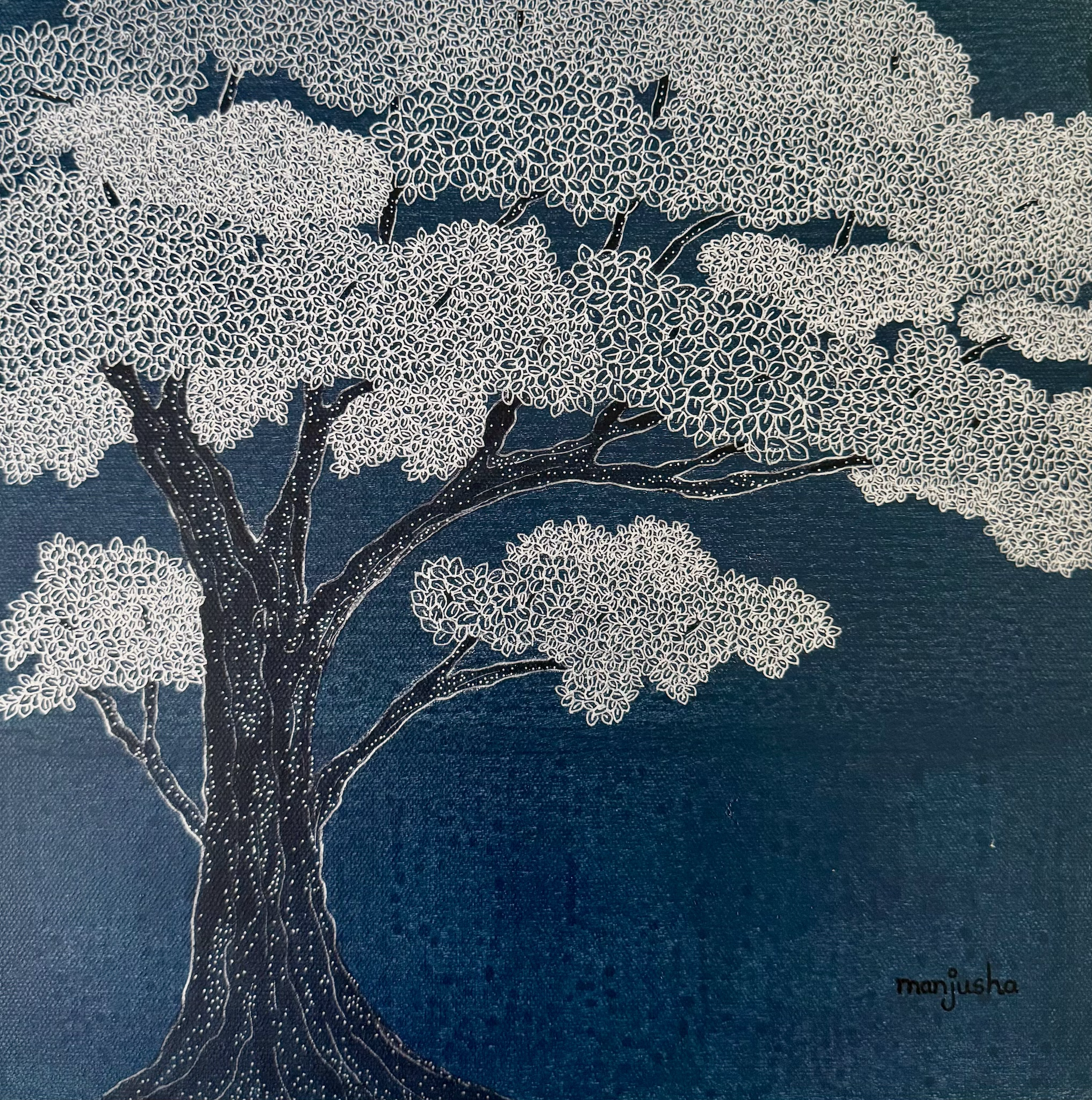 Moonlit Canopy - 1 |
Mixed Media on Canvas |
30/30cm | Year : 2025 |
HKD 2,400 |

A quiet tree glows under imagined moonlight, its leaves like soft whispers in the dark. It feels like a place you could rest your thoughts and just breathe.