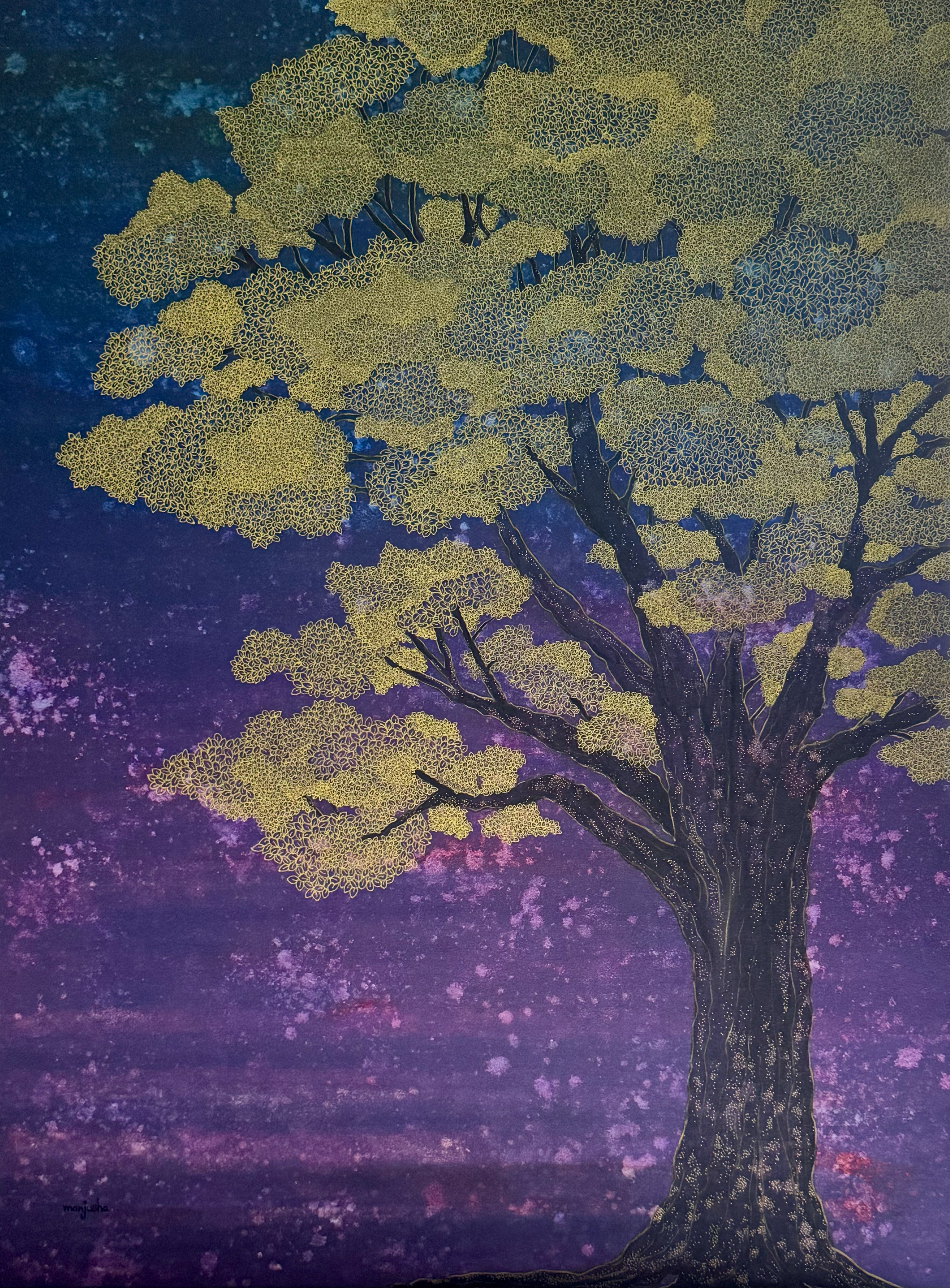 Sunlit Branches |
Mixed Media on Canvas |
76/101 cm | Year : 2025 |
HKD 21,000 |

Gold whispers through deep blues and violet haze, like light learning to breathe. Every branch holds a hush of warmth, softly spilling into the world.