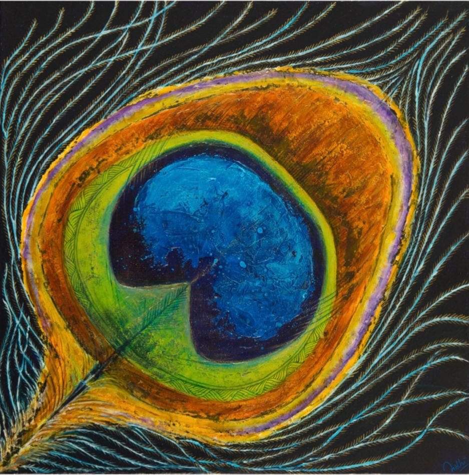 Antar-drishti ( Sanskrit : Inner Vision )  |
Acrylics on Canvas |
36/36 cm | Year : 2019 |
HKD 5,750 |

The peacock feather is symbolic to one's Inner Vision- Antar drishti.  A quiet center of awareness rests within protective layers, where vision tu