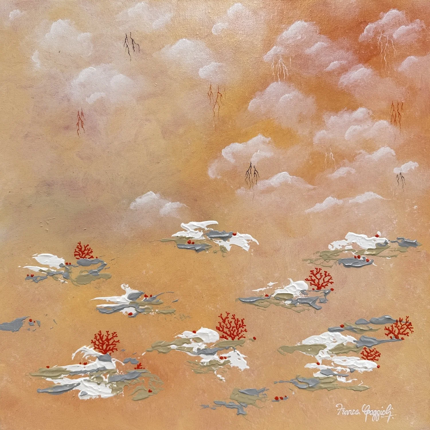 Silent Reef IX |
Acrylic on Canvas |
46/46cm | Year : 2026 |
HKD 10,800 |

It expresses the dialogue between chaos and harmony, where nature creates order without force. It reminds us that balance is not control, but the art of coexistence.