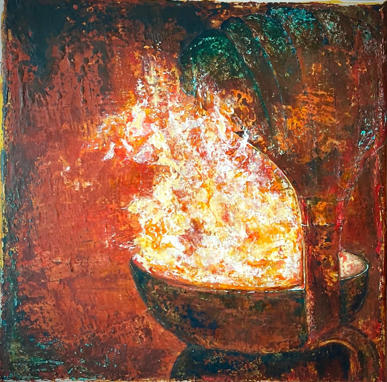 Prakasha ( Sanskrit : Illumination) |
Acrylics on Canvas |
30/30cm | Year : 2025 |
HKD 5,750 |

Since ancient times, Fire offerings have been made as an act of sacrifice of ego and ignorance in the presence of the higher energy. The sacred fire repre