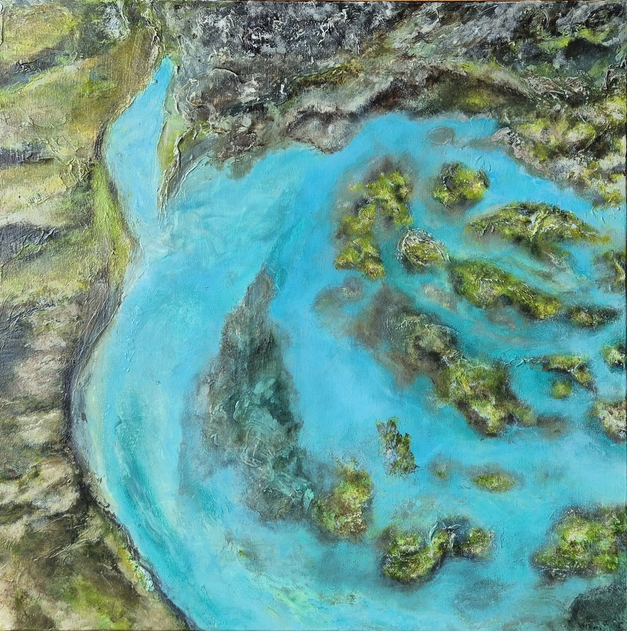 Title: Off the Cliff;
Medium: Mixed media on Canvas;
Dimensions: 76 x 76 cm;
Year: 2024;
Artist: Chaitrali Bandekar
