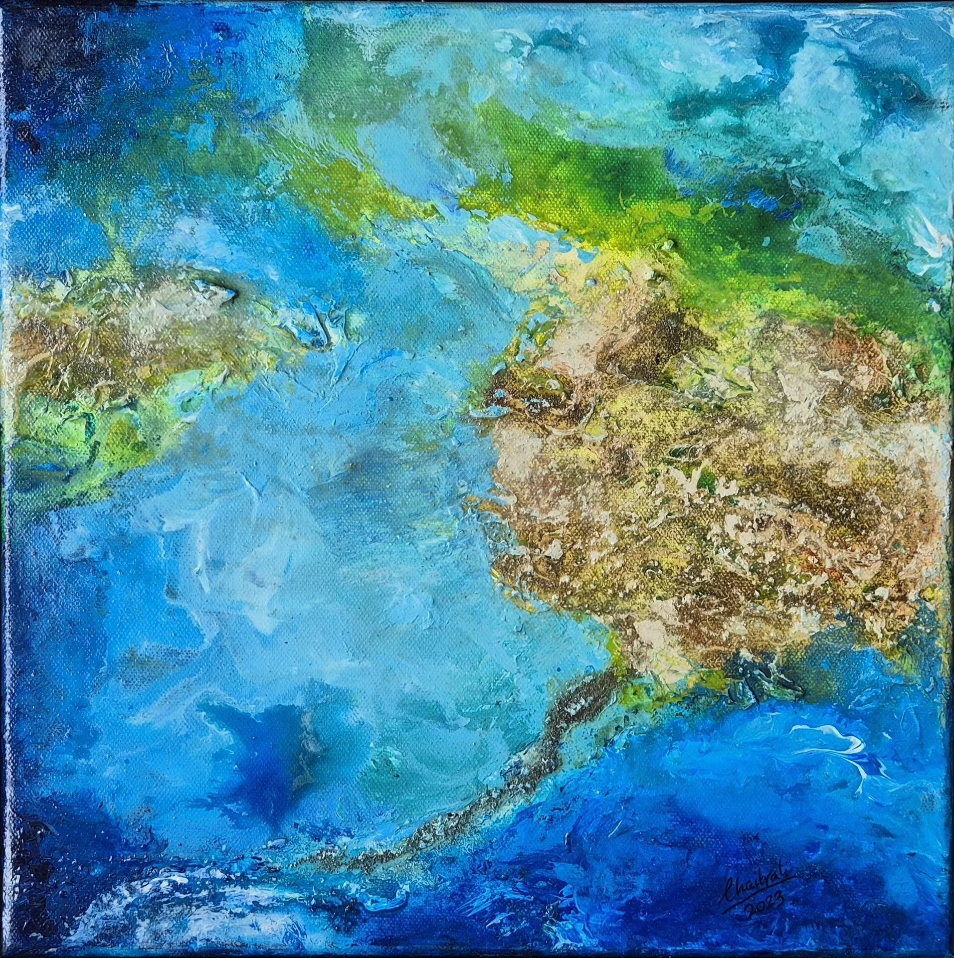 Title: Coastal Capers;
Medium: Mixed media on Canvas;
Dimensions: 32x 32 cm with frame/30.5x 30.5 cm without frame;
Year: 2023;
Artist: Chaitrali Bandekar