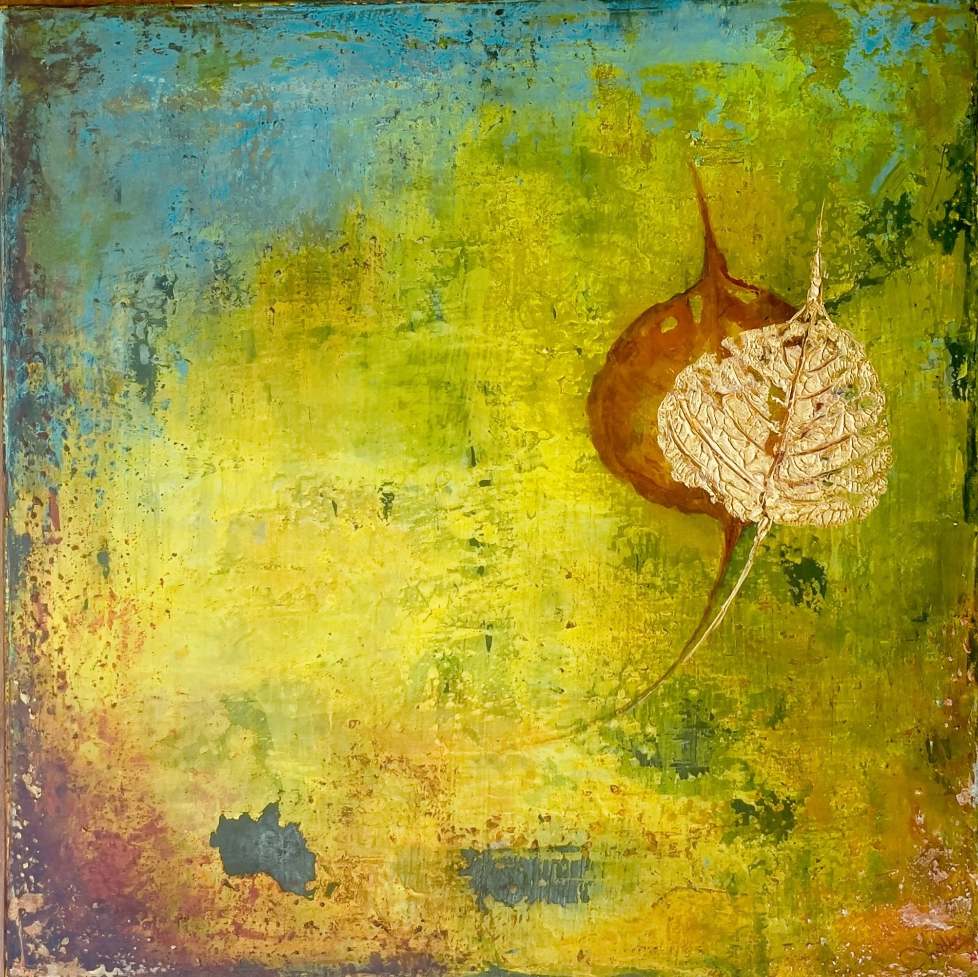 Prabha ( Sanskrit : Radiance ) |
Acrylics on Canvas, 24k gold leaf |
30/30cm | Year : 2026 |
HKD 5,750 |

A translucent golden leaf representing the radiance of consciousness as it takes form. It captures the moment internal awareness becomes visible