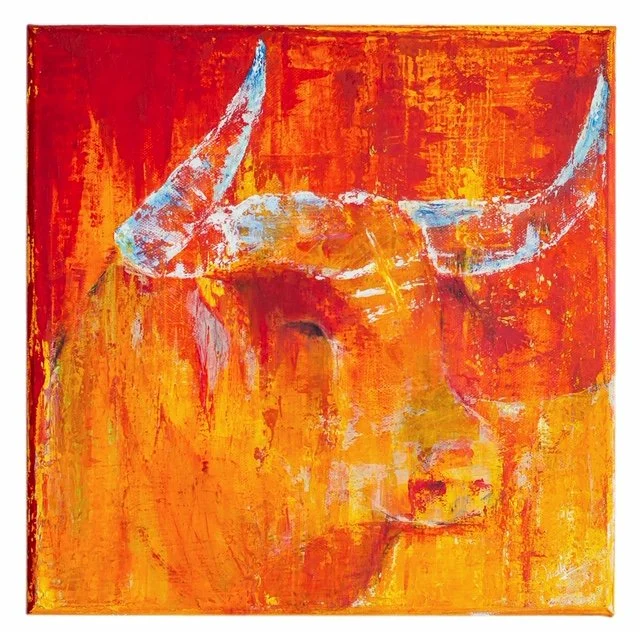 Dharma 2 ( Sanskrit : Cosmic Law)  |
Acrylics on Canvas |
30/30cm | Year : 2018 |
HKD 5,750 |

Dharma 1 - The magnificent bulls naturally bear the great virtue of receptivity and steadfastness. They represent Drama -The Comic Law that needs to be pre