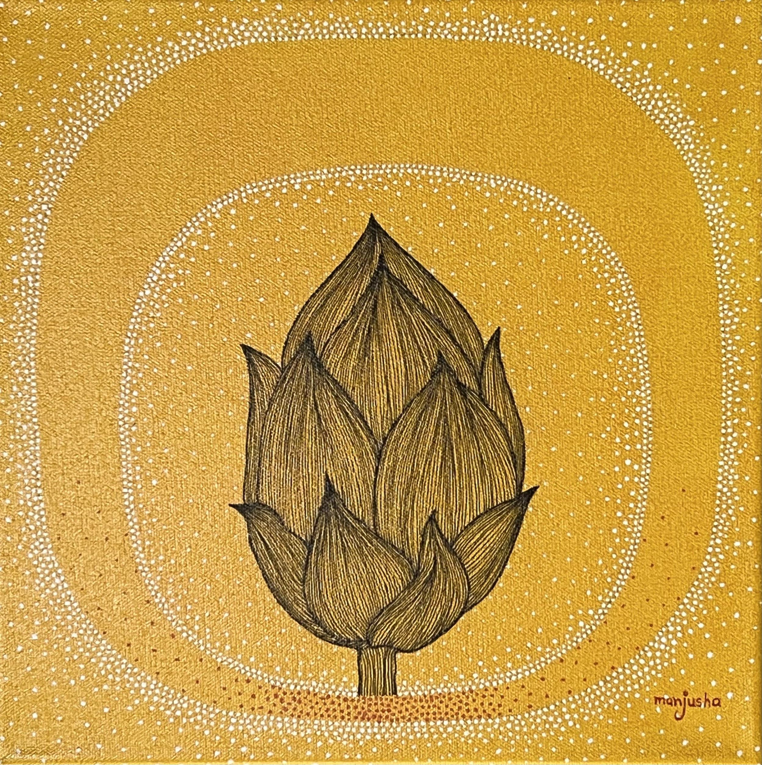 Golden Joy  |
Mixed Media on Canvas |
30/30cm | Year : 2024 |
HKD 2,400 |

Golden leaves gather like quiet abundance, glowing against a deep night sky. It feels like prosperity rooted deep, gently reaching into the dark.