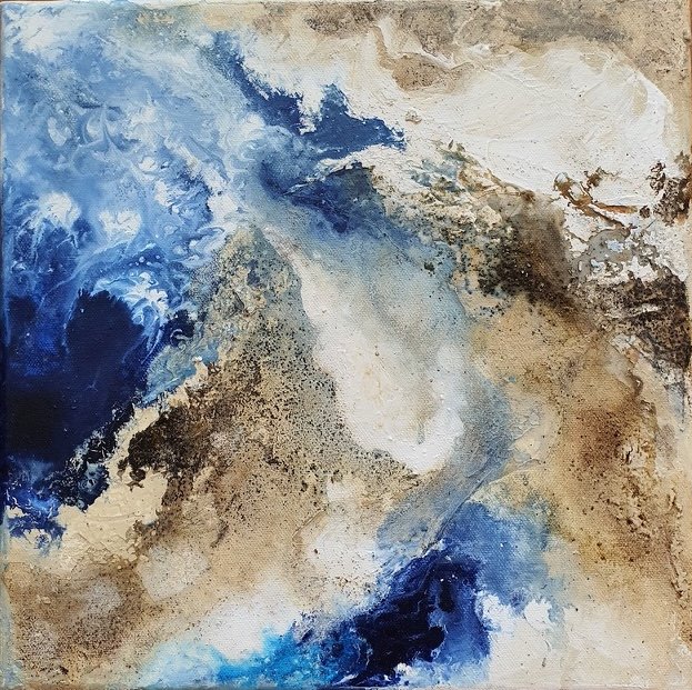 Title: The Churn;
Medium: Mixed media on Canvas;
Dimensions: 30.5x 30.5 cm without frame;
Year: 2023;
Artist: Chaitrali Bandekar