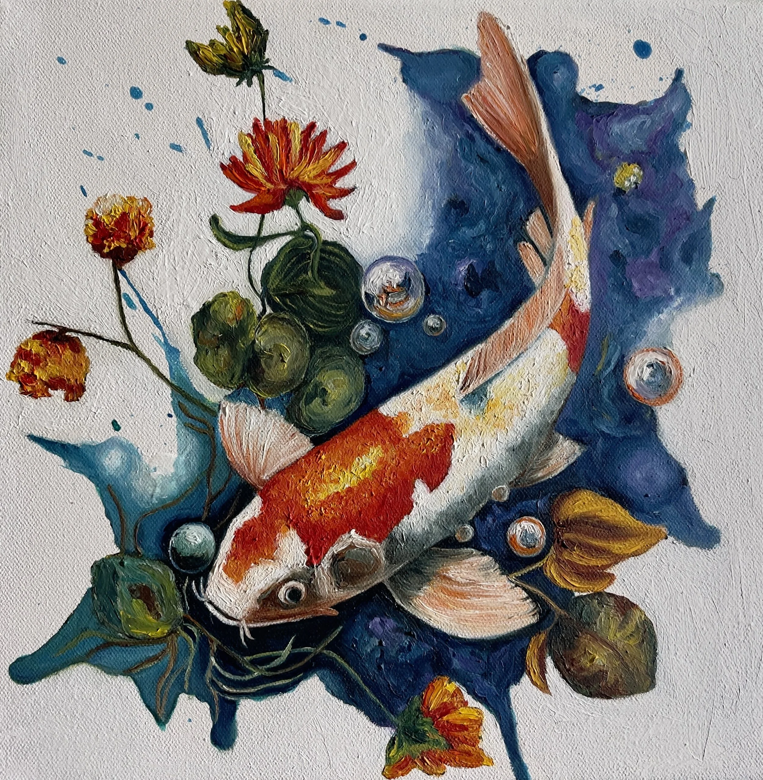 At My Own Pace |
Oils & Acrylics on Canvas |
30/30 cm | Year : 2026 |
HKD 3,188 |

Life doesn’t have to be a race, yet we often feel it is.

The koi’s gentle turn through flowing currents mirror this choice to move with intention rather than urgency.