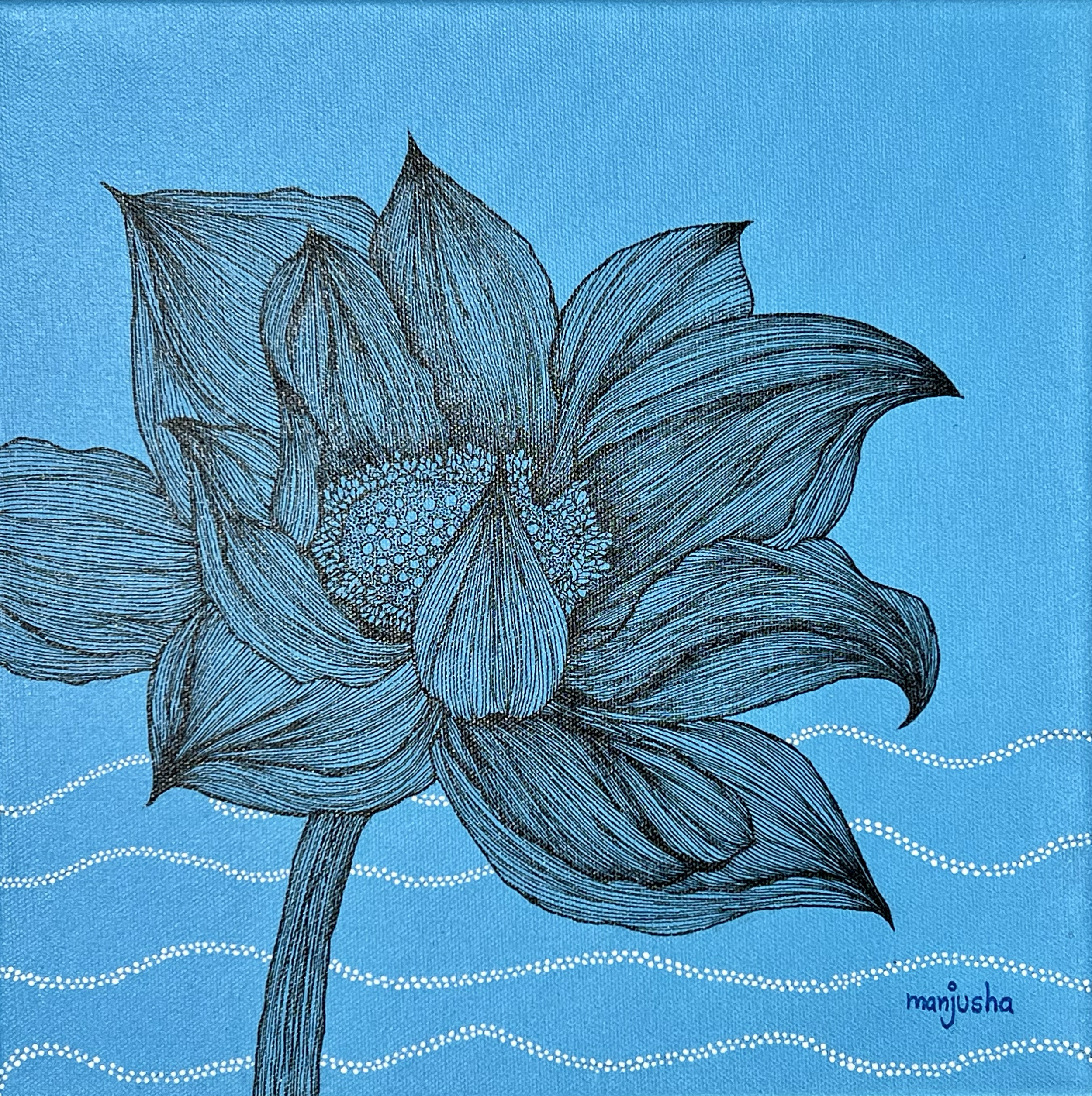 Indigo |
Mixed Media on Canvas |
30/30cm | Year : 2024 |
HKD 2,400 |

A quiet bloom rises from indigo waters, its lines whispering secrets of stillness.
In the depth of blue, it finds its voice—soft, steady, and endlessly serene.
