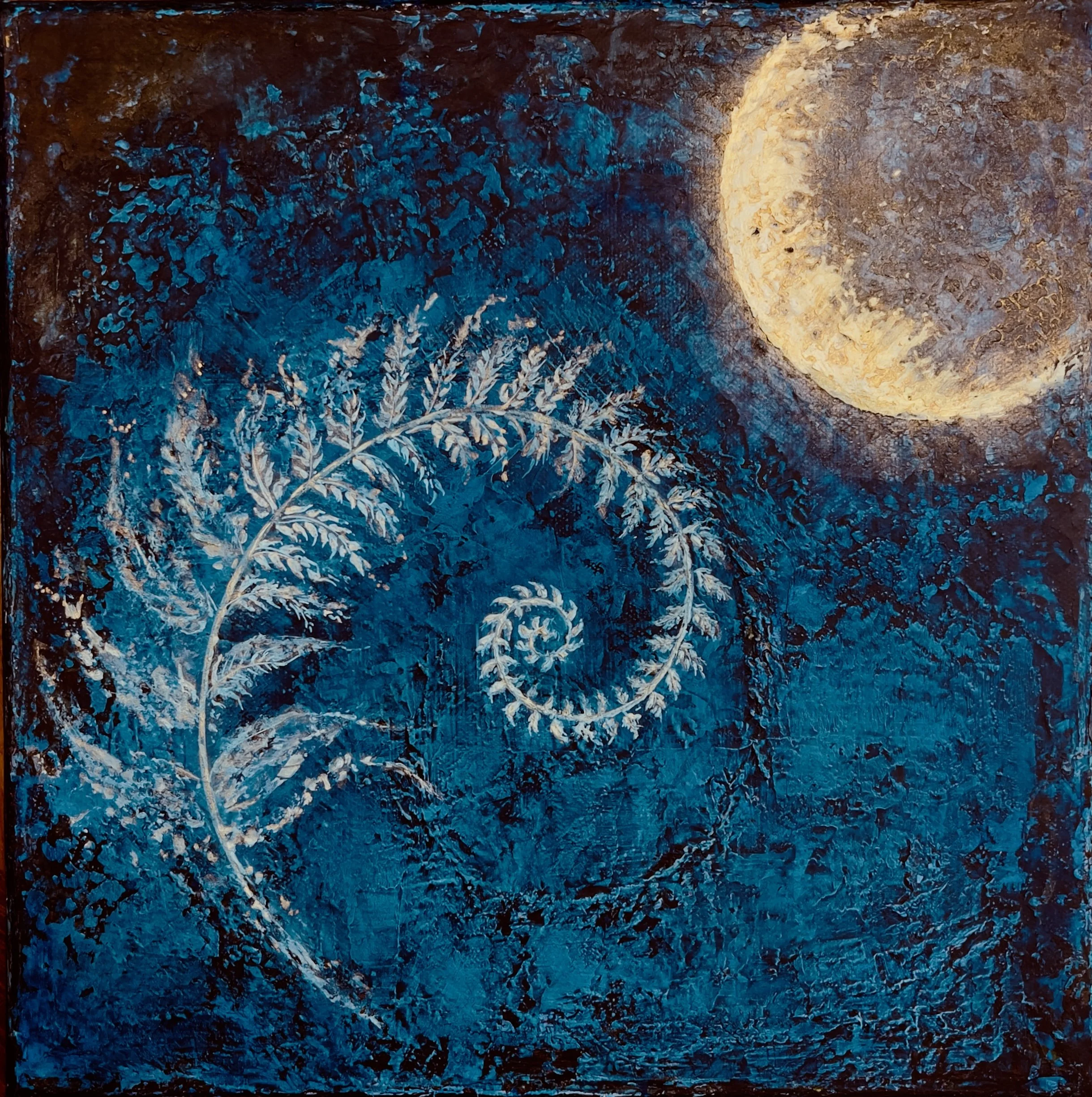 Udbhava ( Sanskrit : Emerging ) |
Acrylics on Canvas |
30/30cm | Year : 2026 |
HKD 5,750 |

Udbhava - Emerging : In the depths of night, the moon and the spiral fern obey the same sacred geometry - one cosmic, one earthly, both born of the same breat