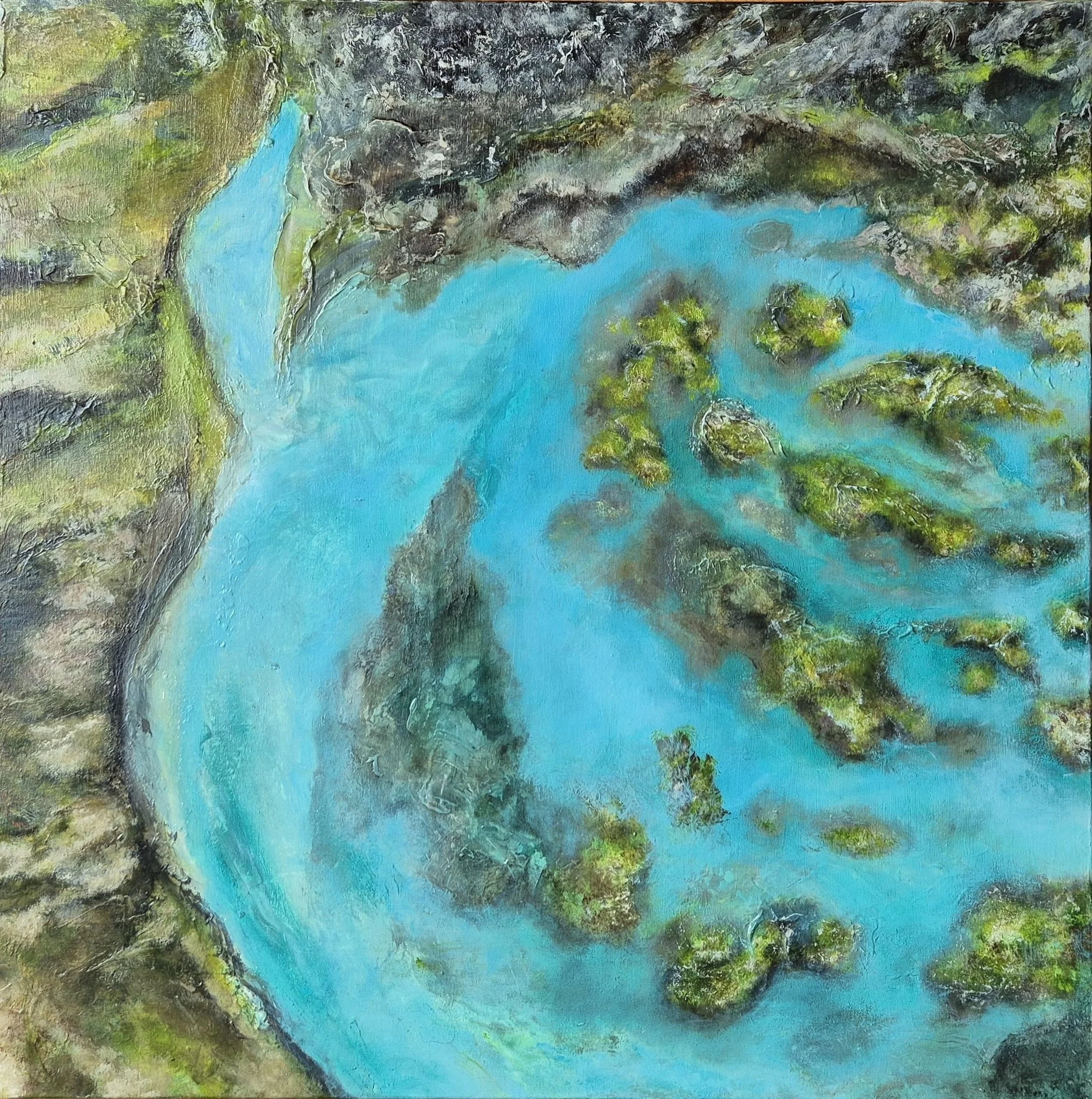 Off The Cliff |
Mixed Media on Canvas |
76/76 cm | Year : 2024 |
HKD 11,915 |

This abstract textured composition depicts turquoise waters encircling mossy, earth-toned formations resembling an aerial view of a fragmented lagoon. The interplay betwee