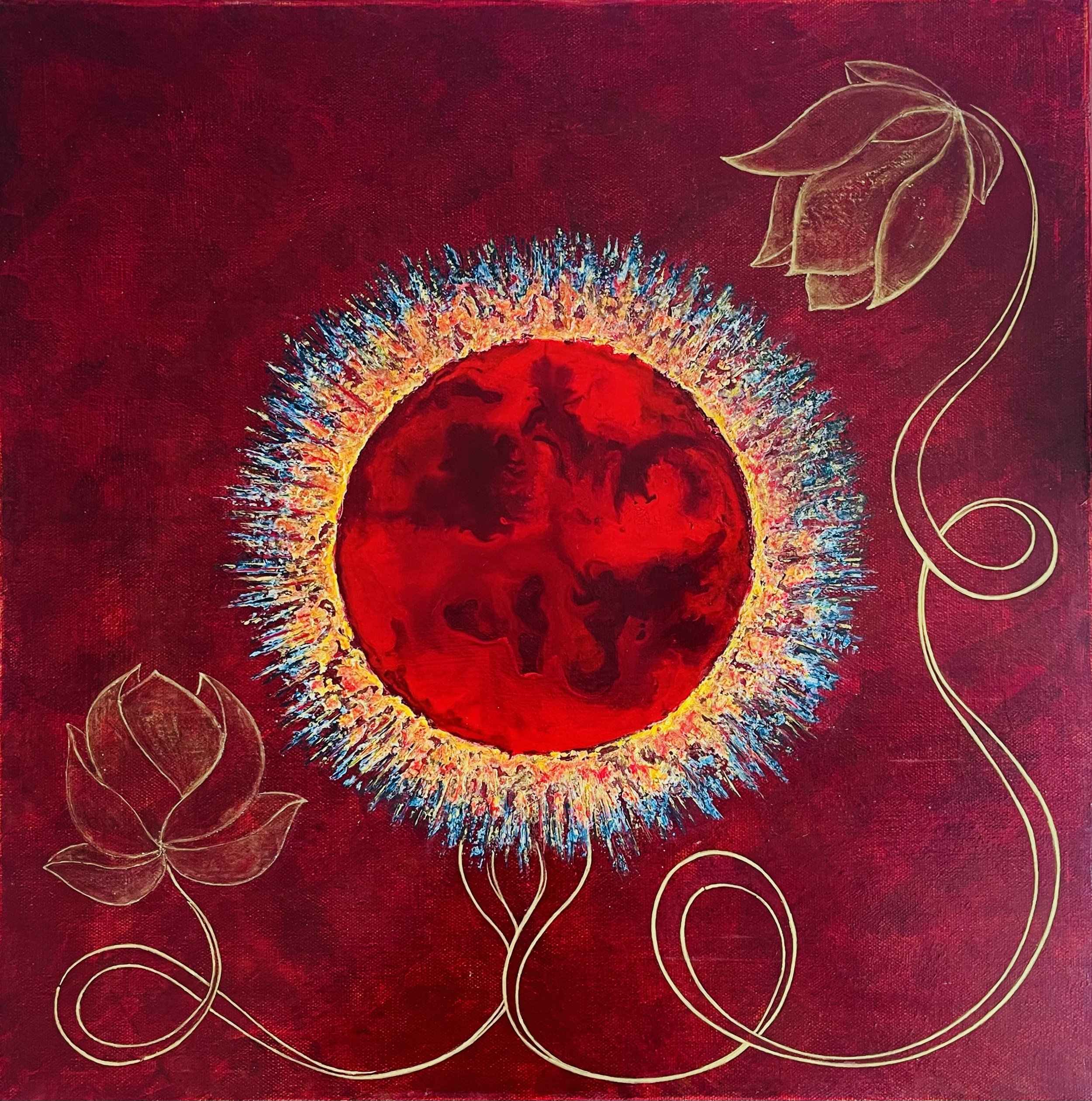 Prabhuti (Sanskrit : Origin) |
Acrylics on Canvas |
61/61 cm | Year : 2025 |
HKD 19,500 |

A radiant core emerges, pulsing with the memory of creation itself. Prabhuti is the moment where form first awakens - where energy gathers, ignites,and begins 
