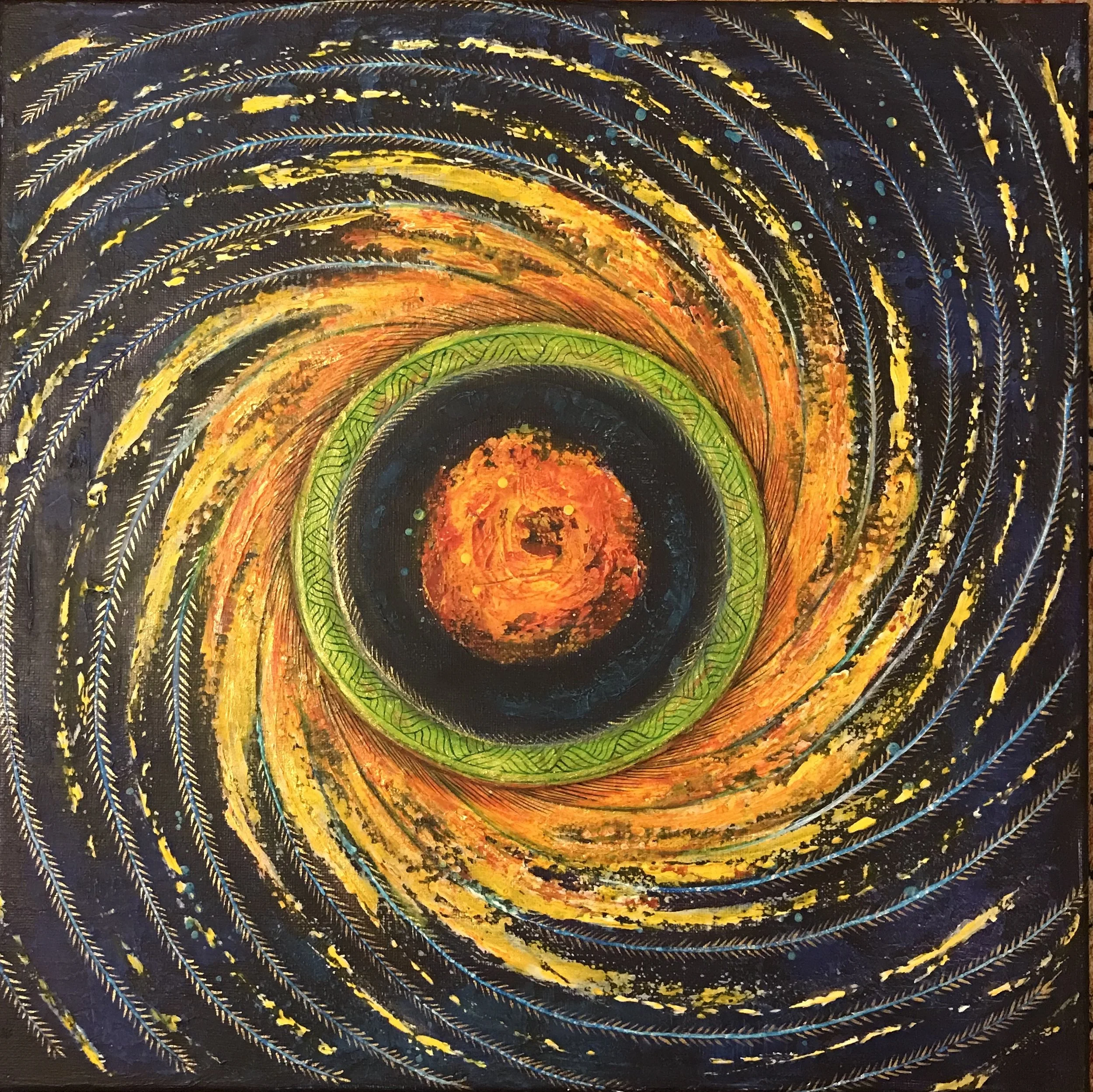 Vīrya ( Sanskrit : Cosmic Energy)  |
Acrylics on Canvas |
36/36 cm | Year : 2019 |
HKD 5,750 |

Virya- A radiant core of primal energy spirals outward, evoking creation in motion—where light, force, and rhythm converge, embodying the dynamic surge of