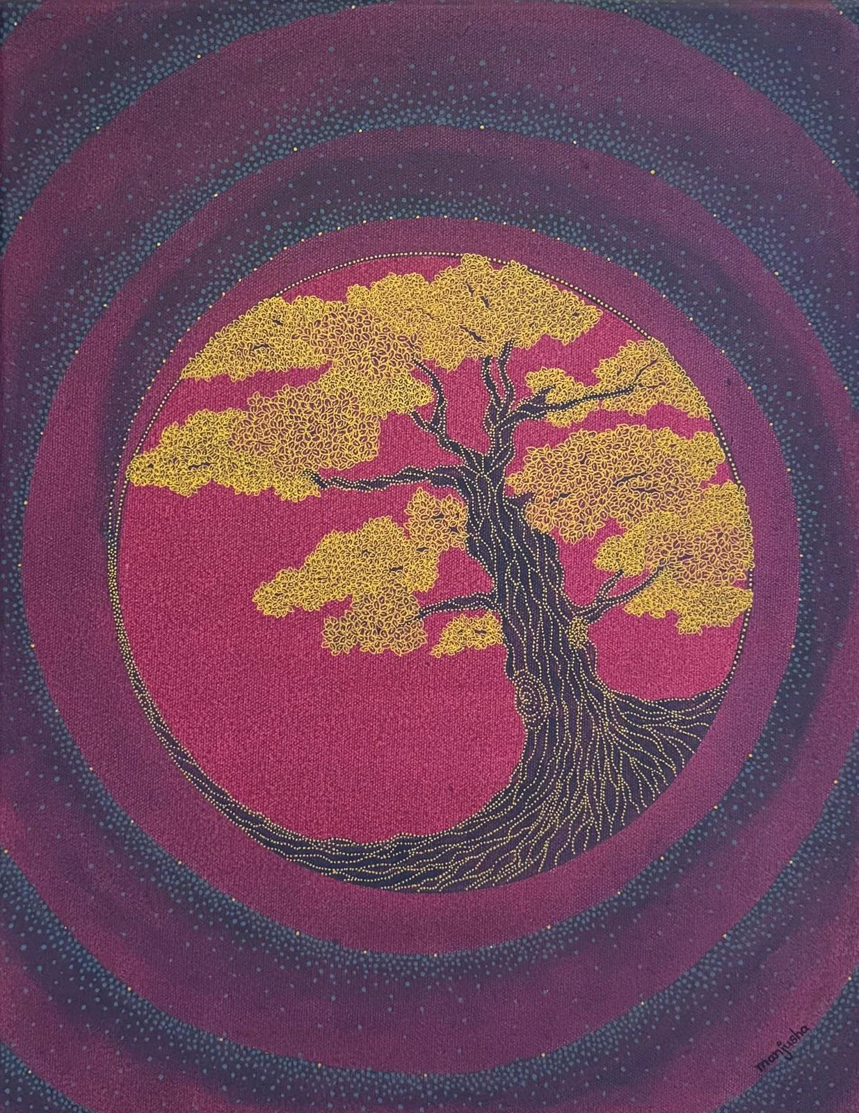 Inner Bliss |
Mixed Media on Canvas |
35/45cm | Year : 2025 |
HKD 3,700 |

A golden tree blooms at the center of silence, where the soul quietly exhales its light. Ripples of colour cradle a calm universe within—this is where peace becomes a living b