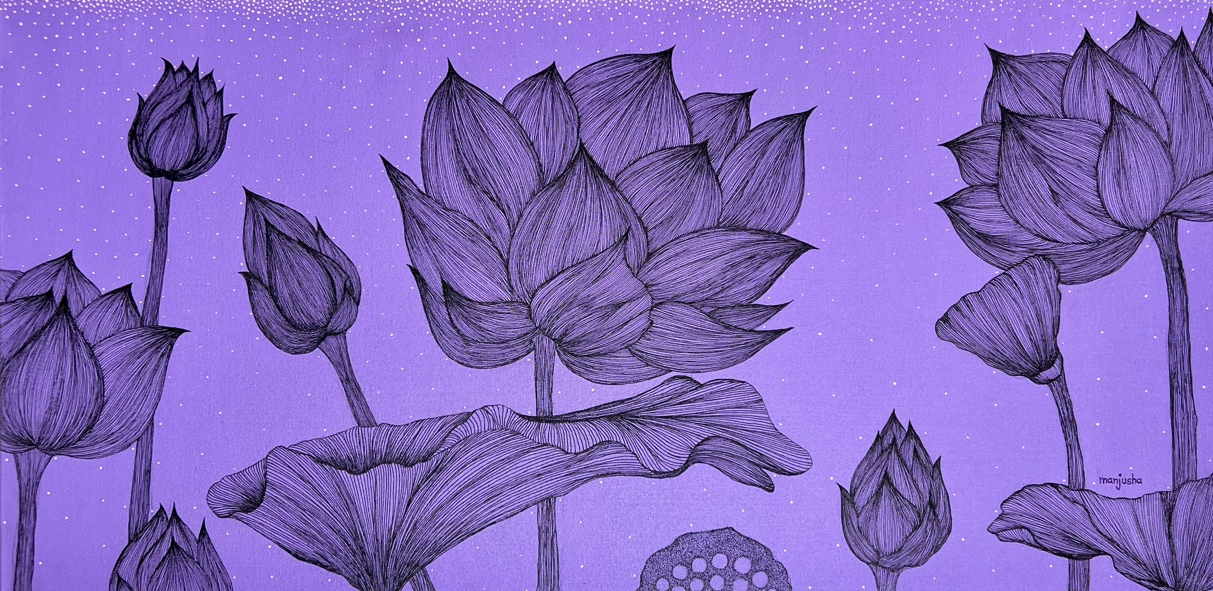 Harmony |
Mixed Media on Canvas |
90/46cm | Year : 2024 |
HKD 10,800 |

Petals of the lotus gather like a quiet chorus, each bloom breathing in perfect balance.
In the hush of violet skies, harmony awakens—soft, eternal, and deeply connected.