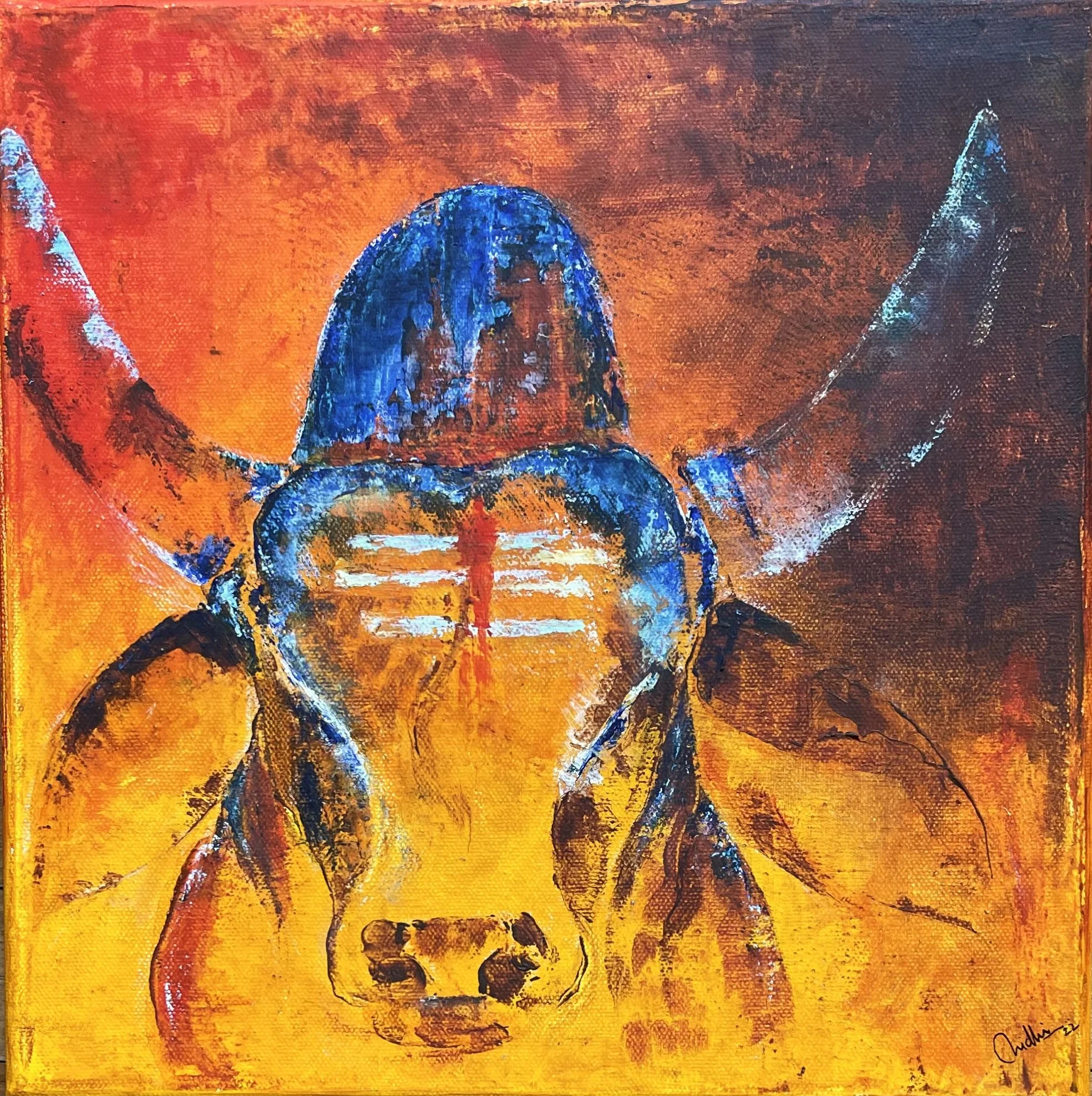 Dharma 3 ( Sanskrit : Cosmic Law) |
Acrylics on Canvas |
30/30cm | Year : 2022 |
HKD 5,750 |

Dharma 4 - The magnificent bulls naturally bear the great virtue of receptivity and steadfastness. They represent Drama -The Comic Law that needs to be pres