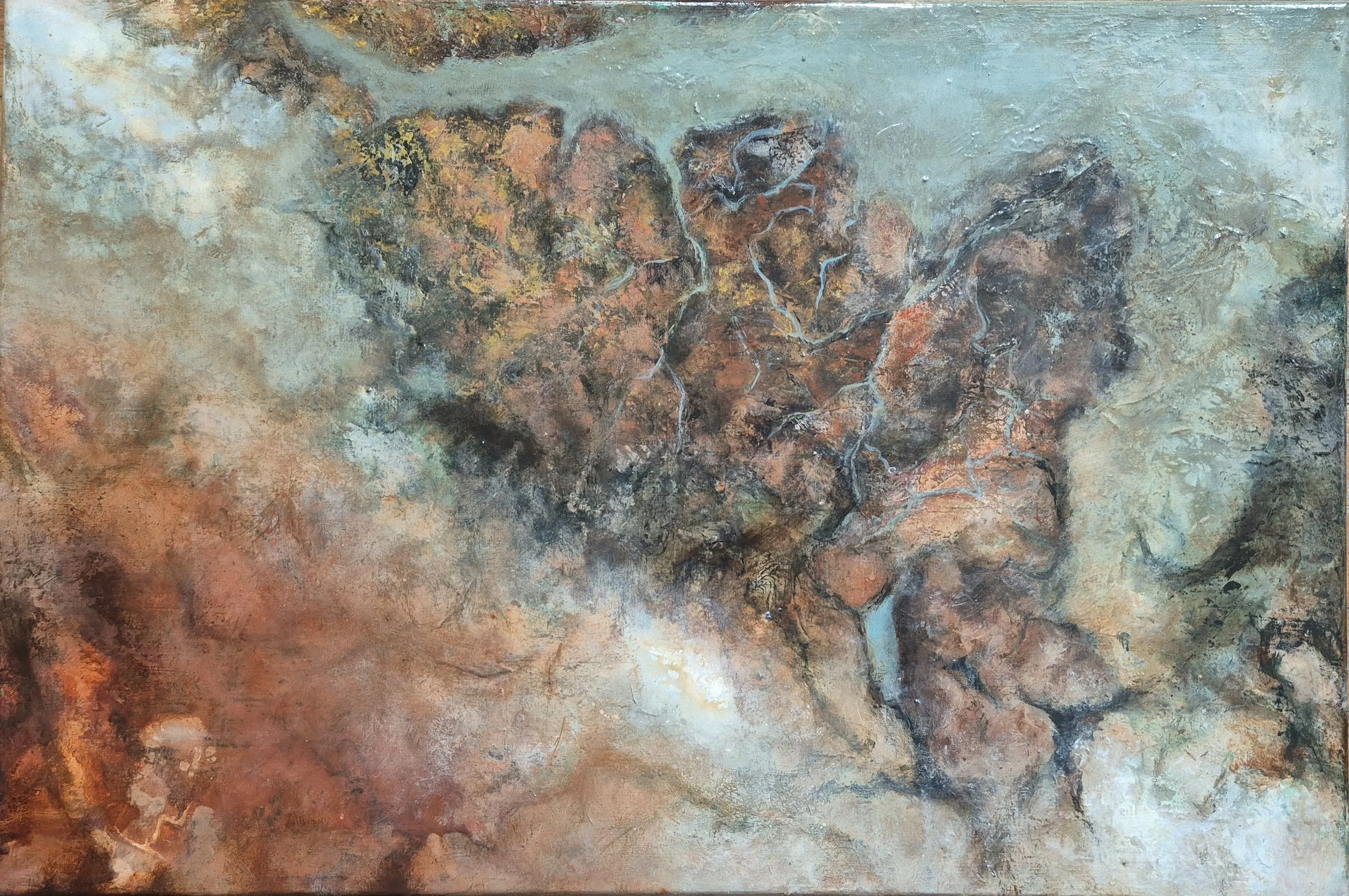 Title: In Essence; 
Medium: Mixed media on Canvas; 
Dimensions: 91 x 61 cm; 
Year: 2025; 
Artist: Chaitrali Bandekar