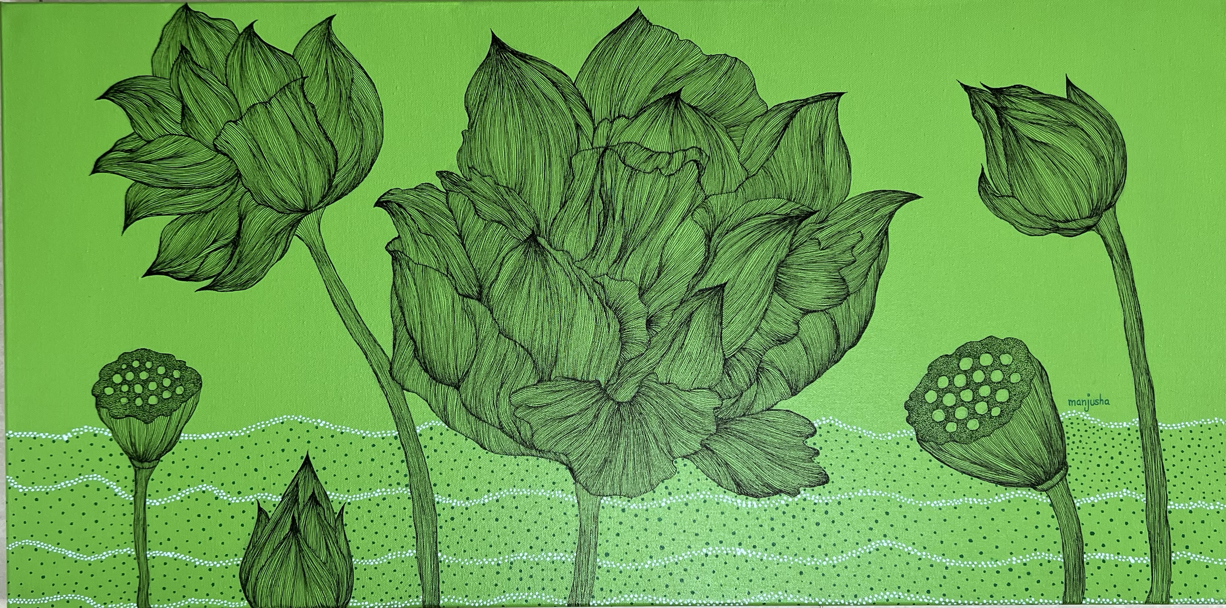 Serenity |
Mixed Media on Canvas |
90/46cm | Year : 2024 |
HKD 10,800 |

Green lotus blooms stand in quiet confidence, rooted in calm and rising with ease.
Serenity lives here—not silent, but steady, like peace that gently holds its ground.