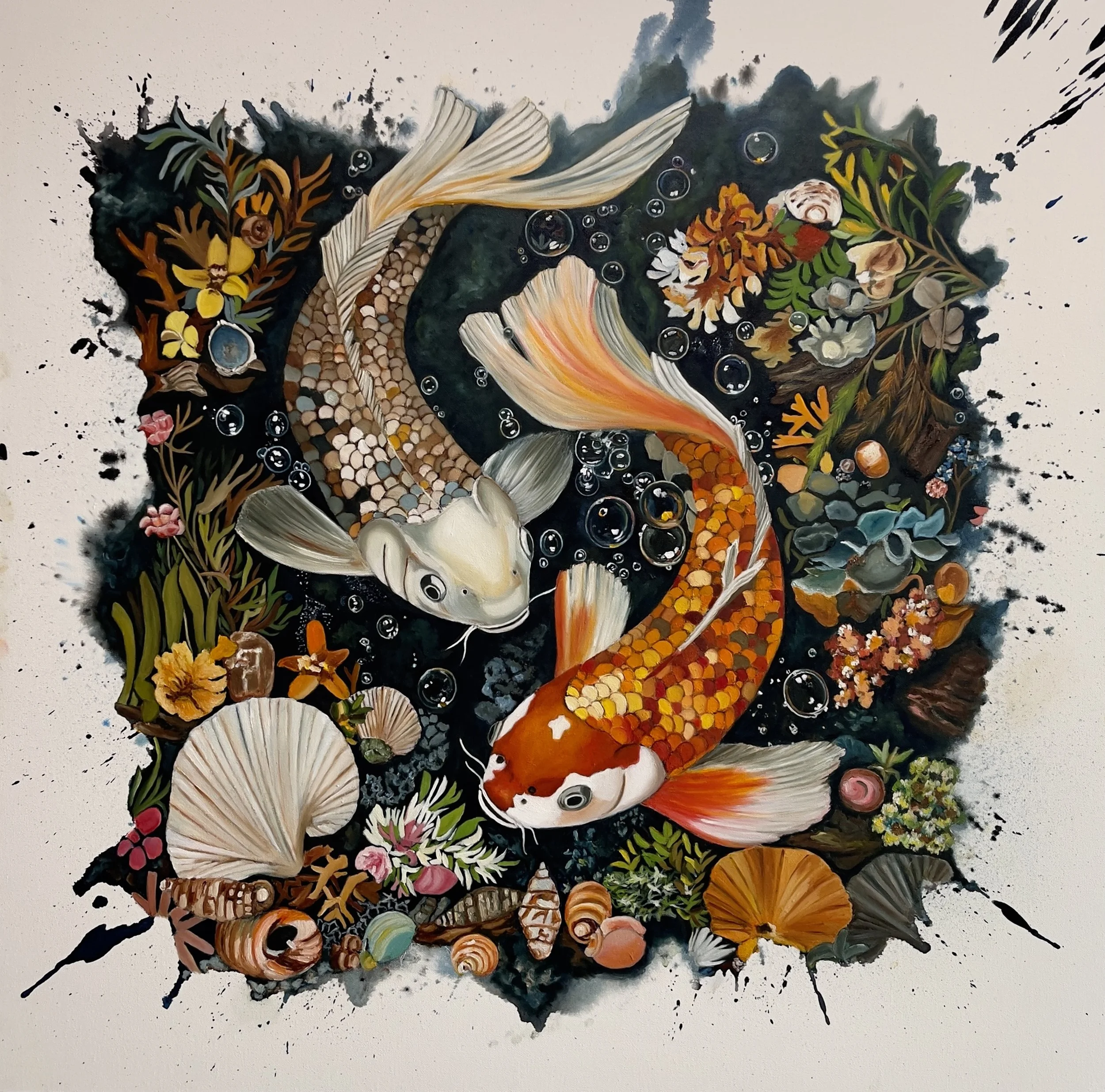 Stillness In Motion |
Oils & Acrylics on Canvas |
91/91 cm | Year : 2025 |
HKD 22,888 |  

In this piece, Koi fishes glide through still waters, the kind of motion that isn’t loud or visible, but is full of meaning. 

The corals and shells, and the r
