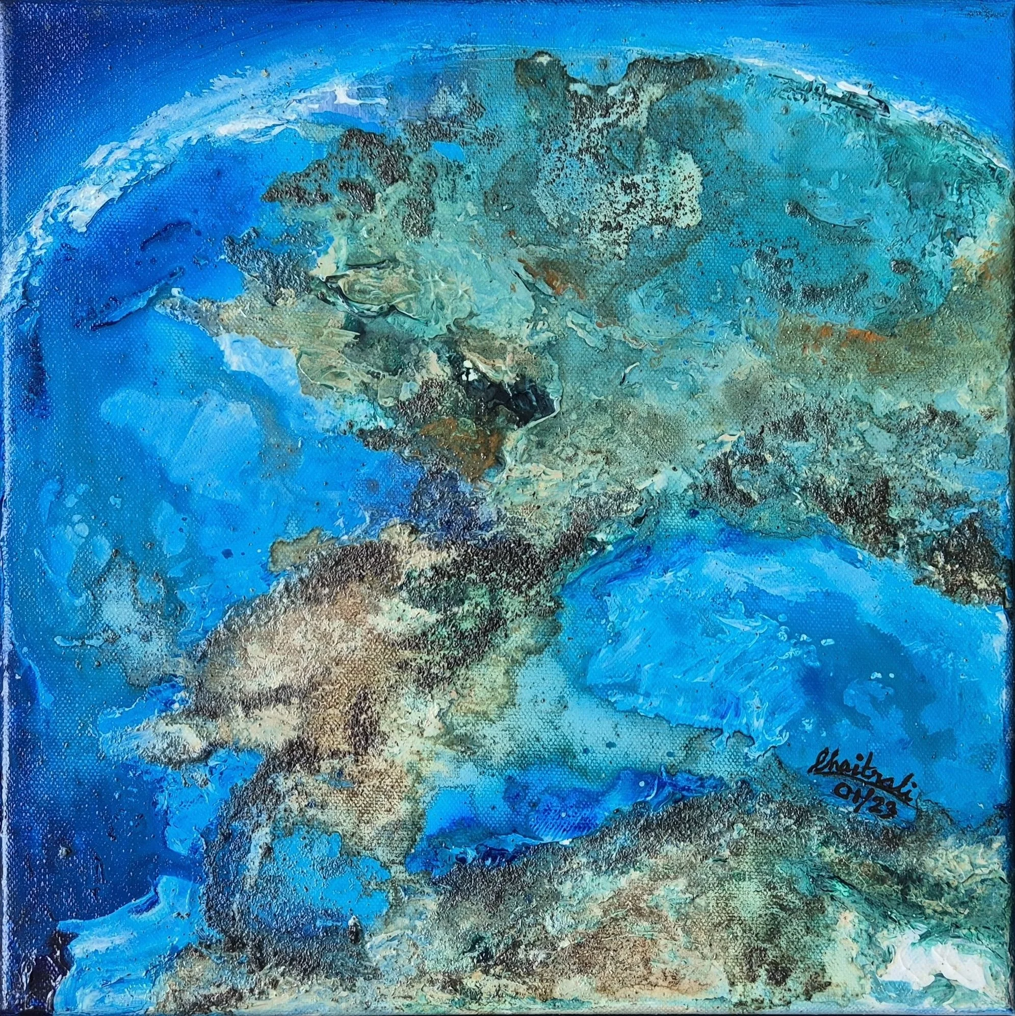 Title         : New Horizons
Artist       : Chaitrali Bandekar
Medium : Mixed media on Canvas
Size         : 30/30cm
Year         : 2023