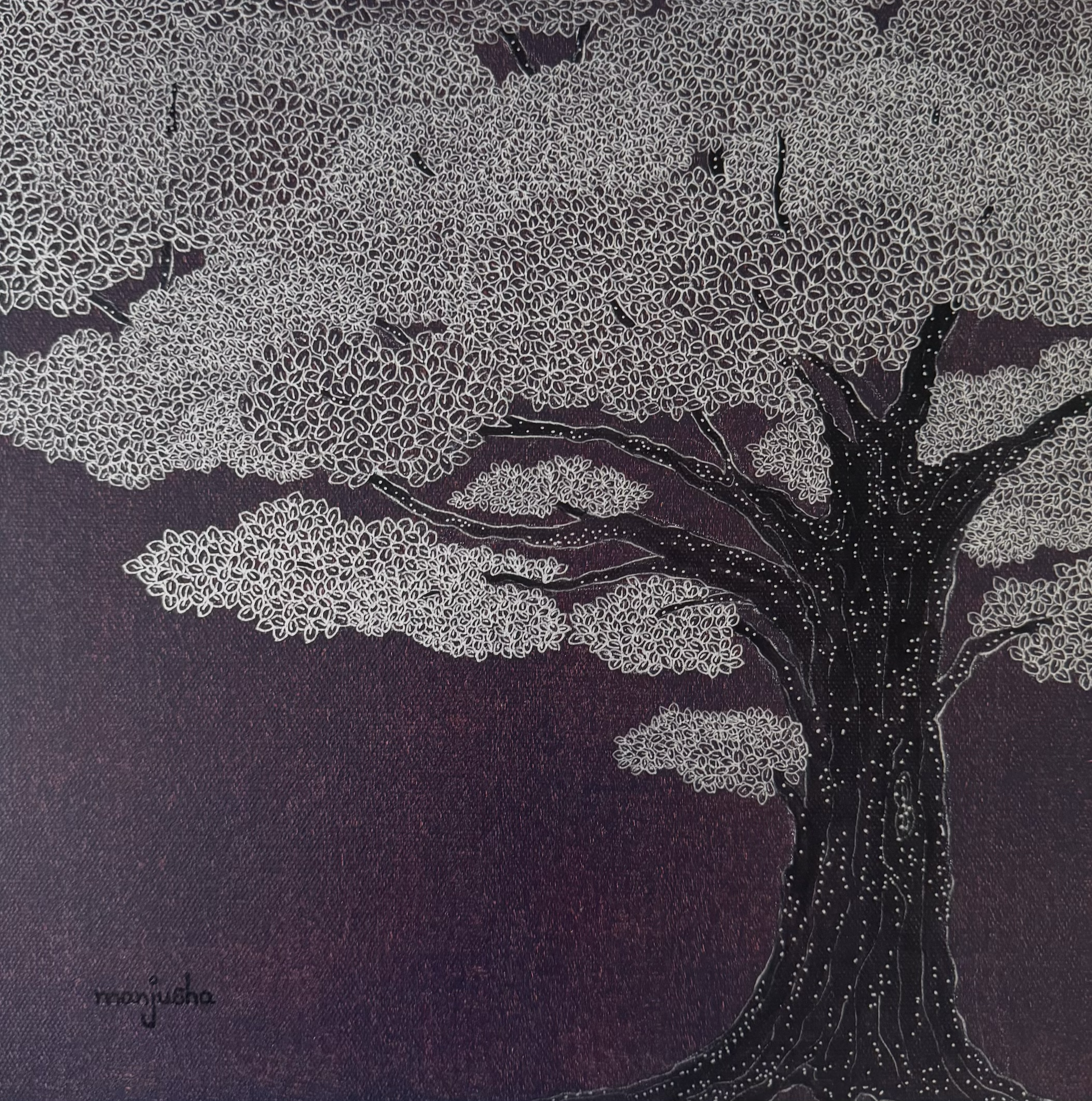 Moonlit Canopy - 3 |
Mixed Media on Canvas |
30/30cm | Year : 2025 |
HKD 2,400 |

A quiet tree glows under imagined moonlight, its leaves like soft whispers in the dark. It feels like a place you could rest your thoughts and just breathe.