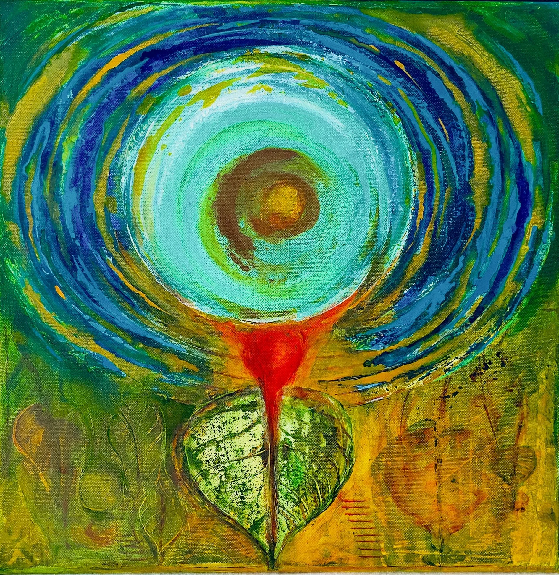 Ham'Sa (Sanskrit : The Living Breath)  |
Acrylics on Canvas |
46/46 cm | Year : 2026 |
HKD 9,750 |

HAM’SA  traces the rhythm of breath as a link between mortal and the Infinite .
The Ruby red in the painting symbolises the ‘Presence’ that sustains l