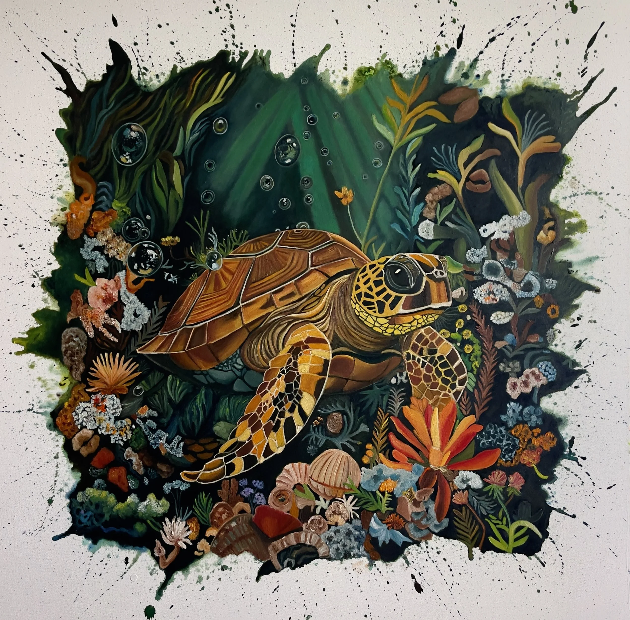 When Time Stands Still |
Oils & Acrylics on Canvas |
91/91 cm | Year : 2025 |
HKD 22,888 | 

In a world that constantly demands movement, there are rare pauses when everything slows and we feel the weight of time itself. 

In green depths, the turtle