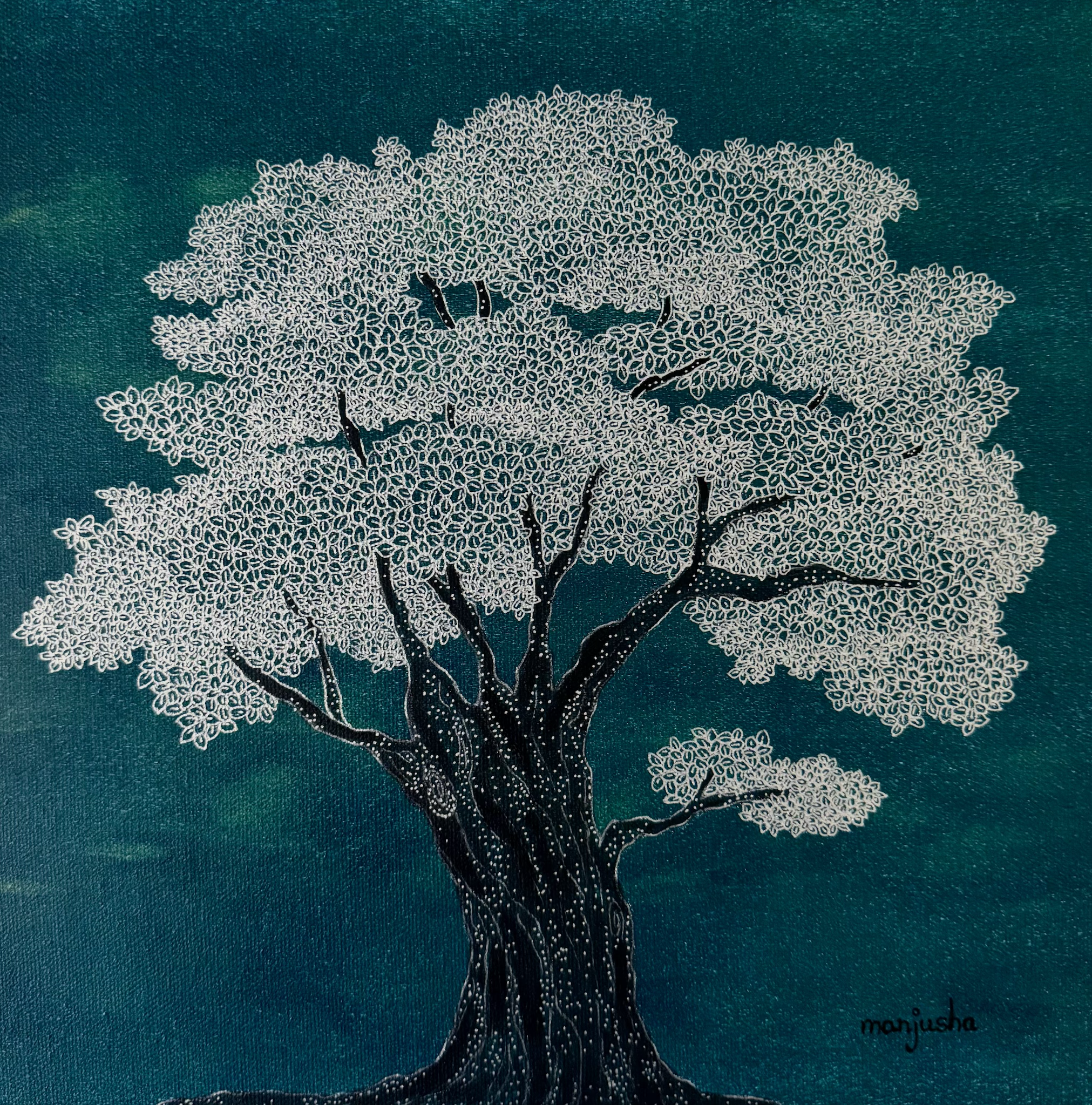 Moonlit Canopy - 2 |
Mixed Media on Canvas |
30/30cm | Year : 2025 |
HKD 2,400 |

A quiet tree glows under imagined moonlight, its leaves like soft whispers in the dark. It feels like a place you could rest your thoughts and just breathe.