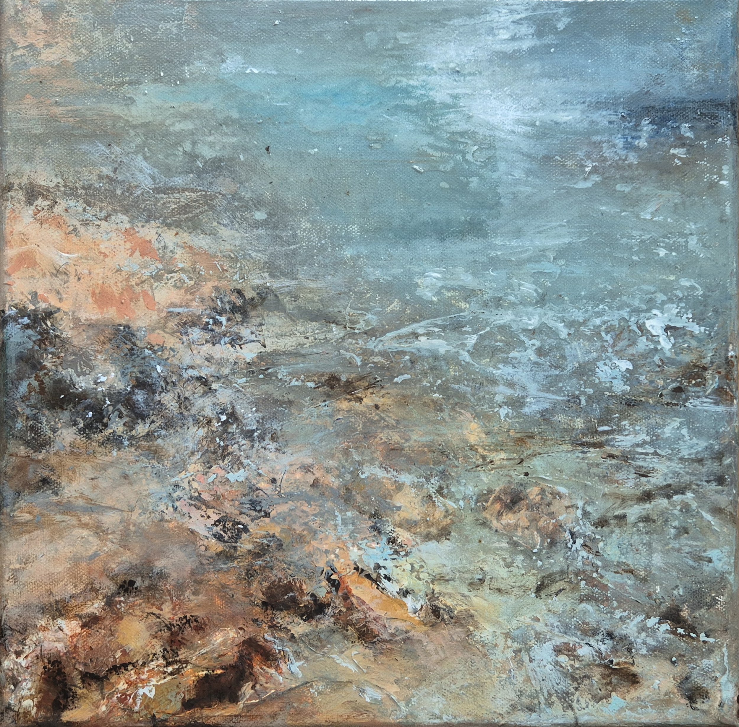 Title: Quenched;
Medium: Mixed media on Canvas;
Dimensions: 33.5x 33.5 cm with frame/30.5x 30.5 cm without frame;
Year: 2025;
Artist: Chaitrali Bandekar