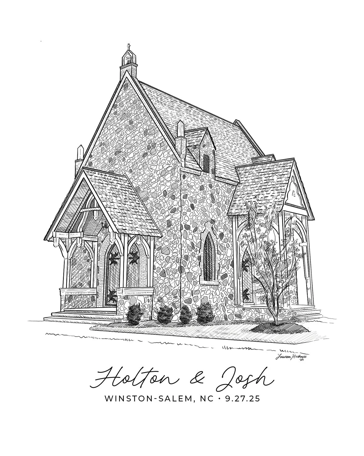 Venue drawing of a stone chapel with crosshatching technique.