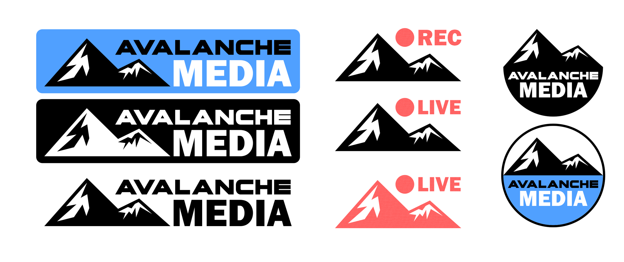 A set of logos and icons for branding of the "Avalanche Media" company, concepted in Adobe Photoshop and drawn in Adobe Illustrator.