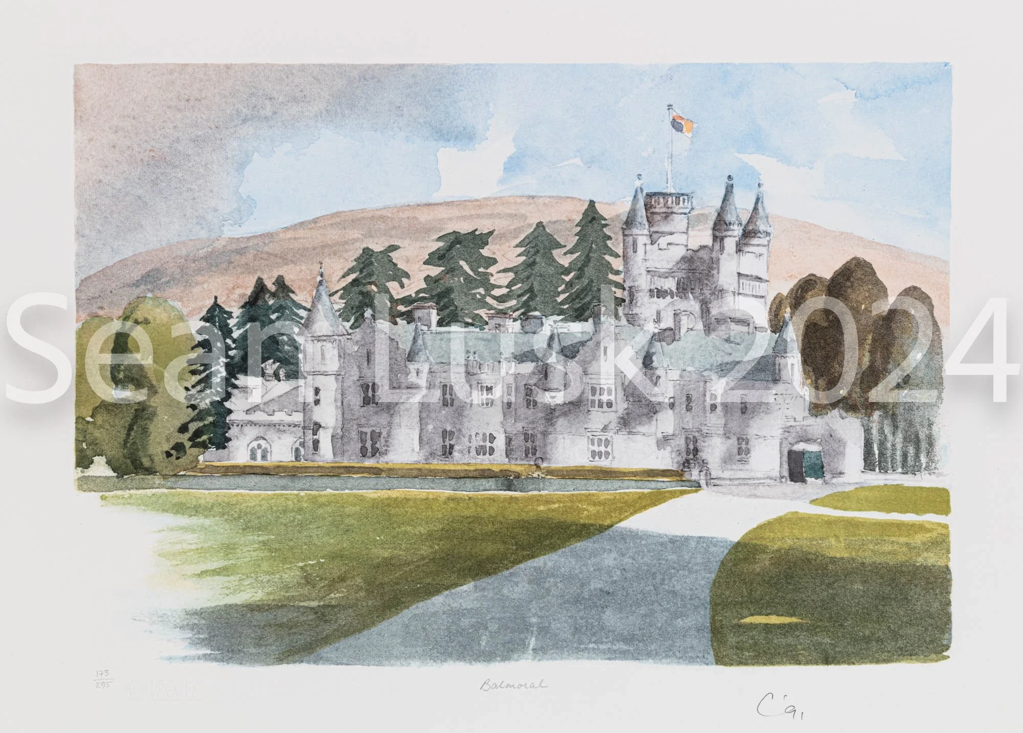 Watercolor painting of a historic castle with multiple towers, surrounded by trees and on a hill, with a partly cloudy sky in the background.