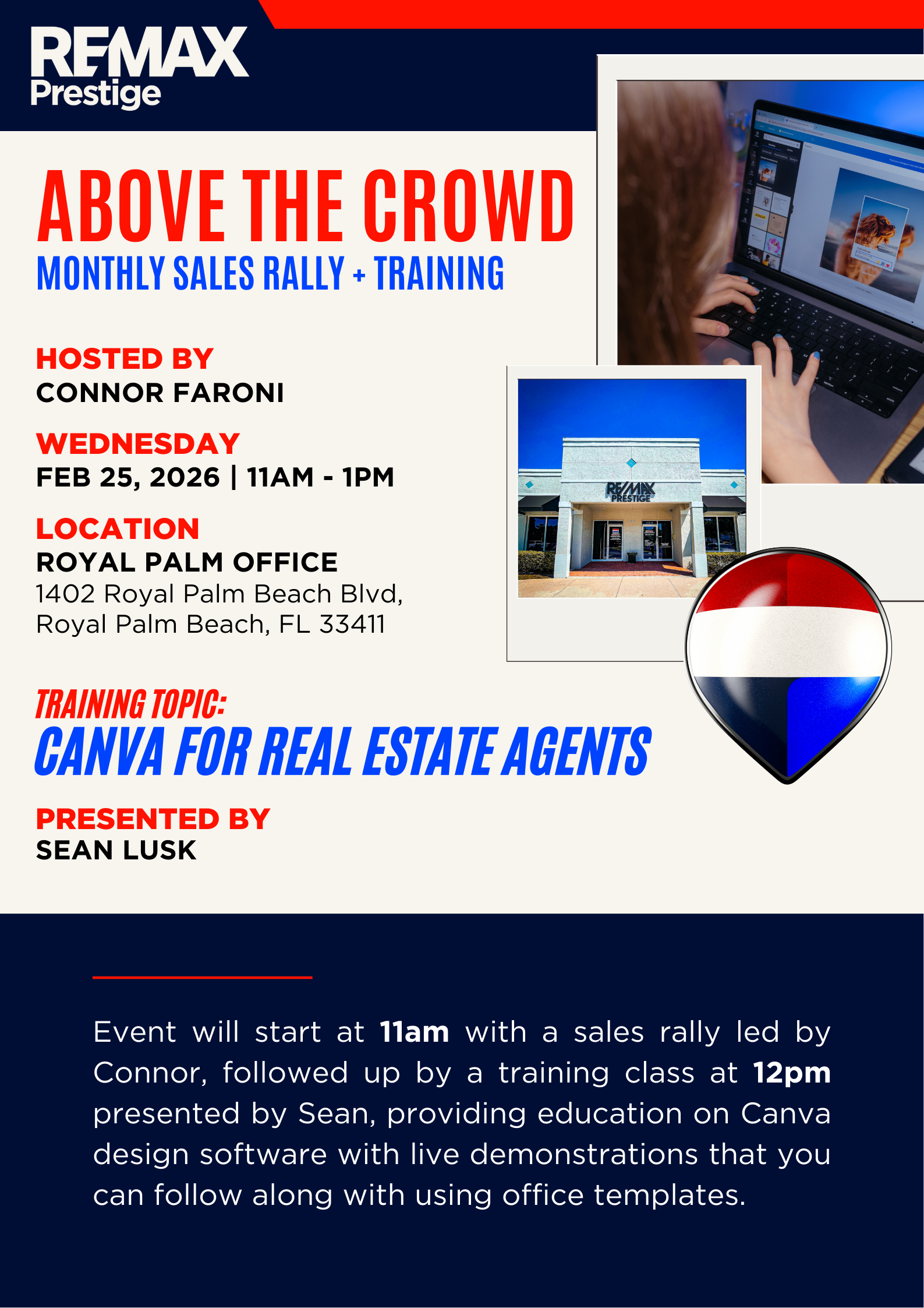 An office flyer announcing the monthly meeting date + time (8.5x11")