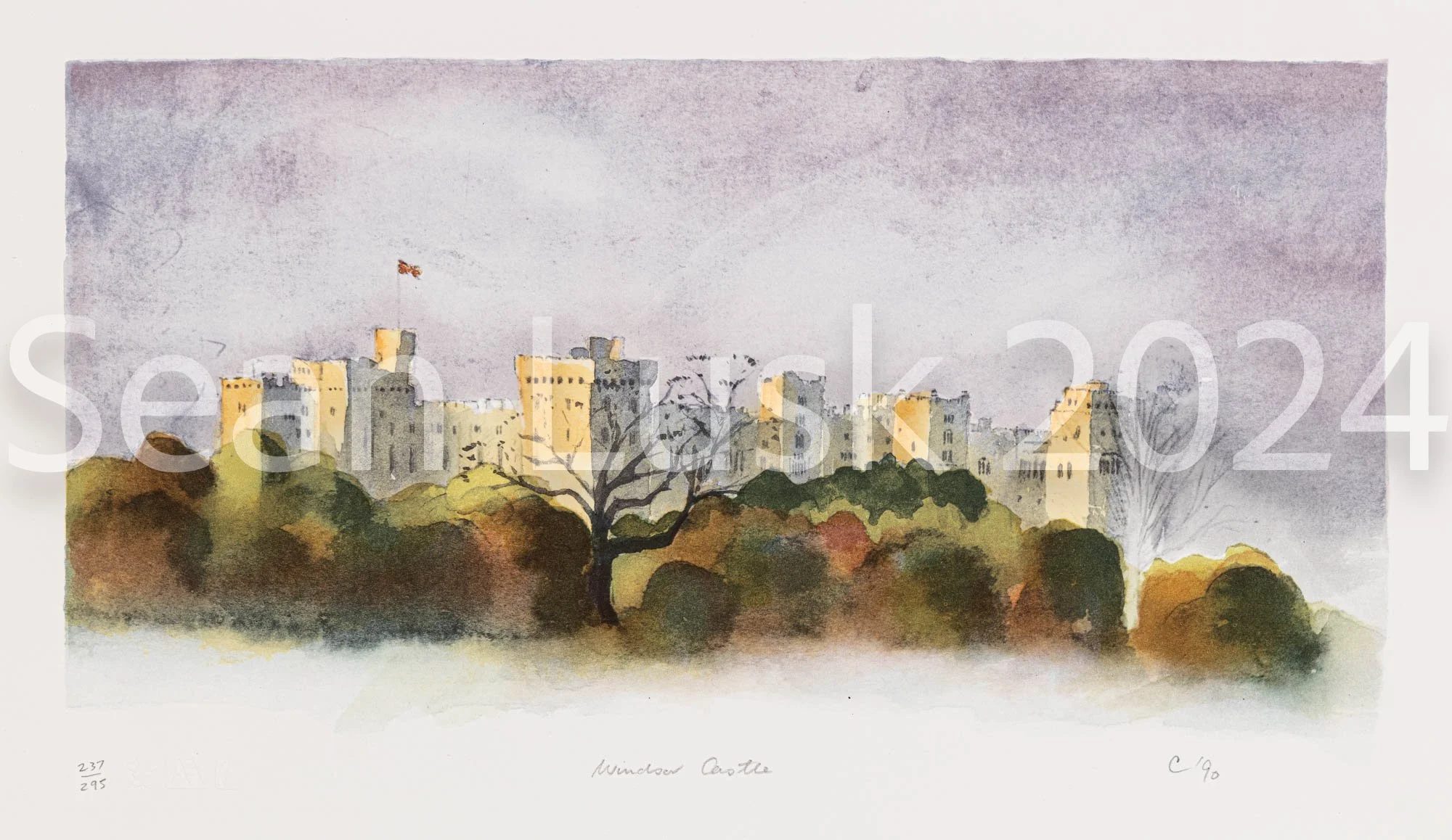 Watercolor painting of Windsor Castle with trees in the foreground, soft purple sky in the background.
