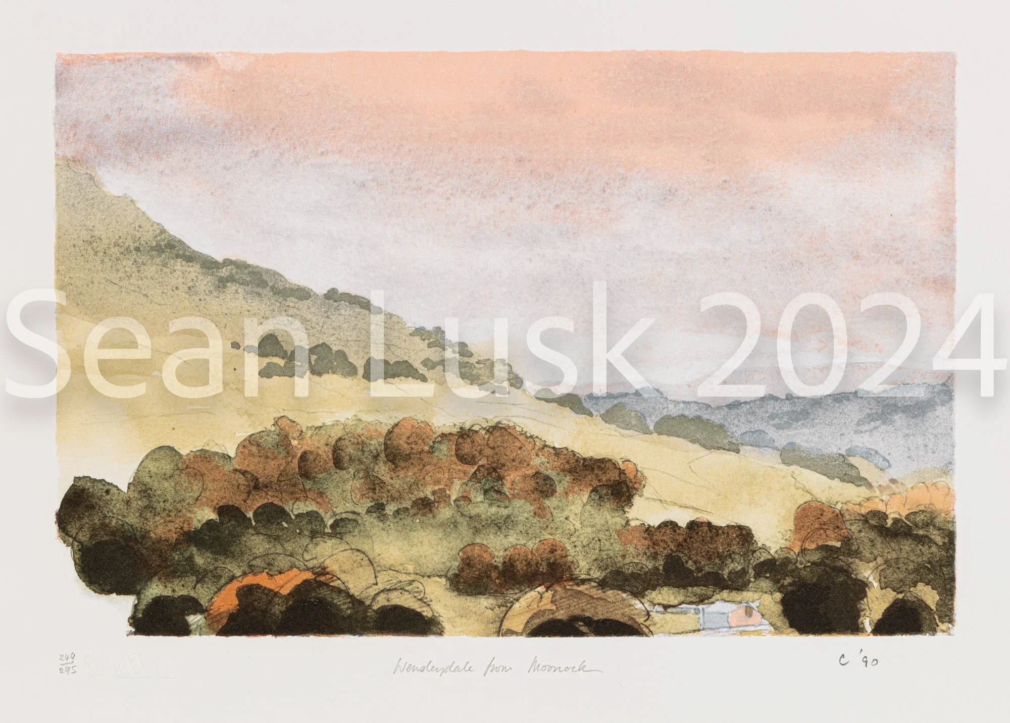Watercolor painting of Henslowe Dale from Mownock, showing rolling hills with trees and a pastel-colored sky.