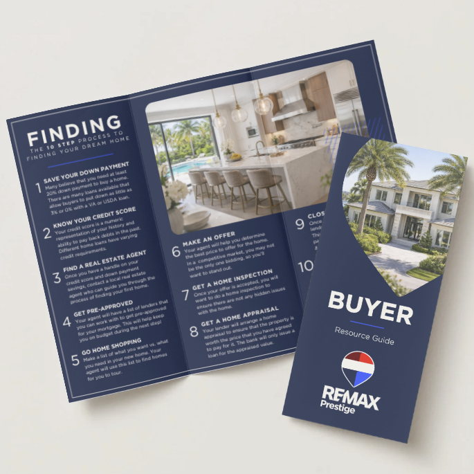 A tri-fold brochure design for print marketing strategy targeted towards home buyers utilizing REMAX branding