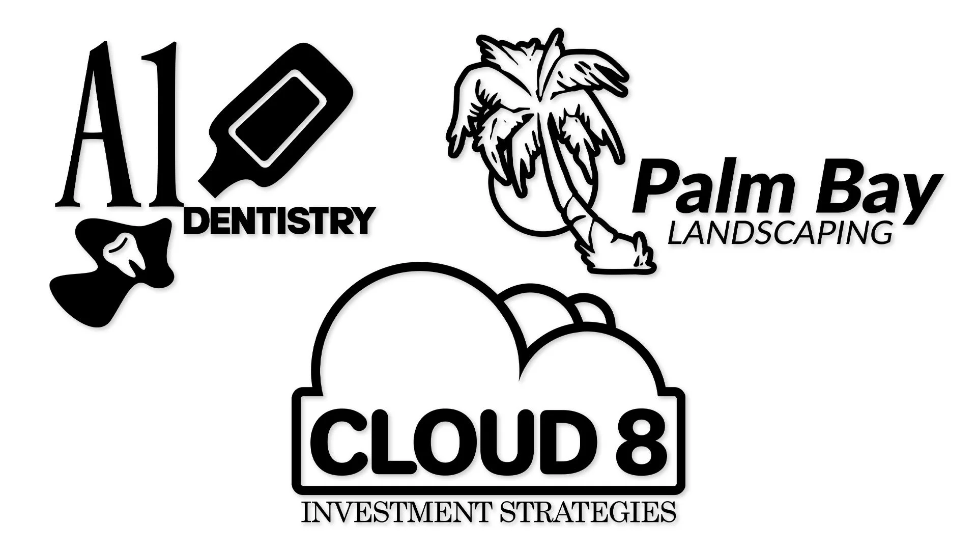 A set of logos for 3 different companies, drawn in Adobe Illustrator.