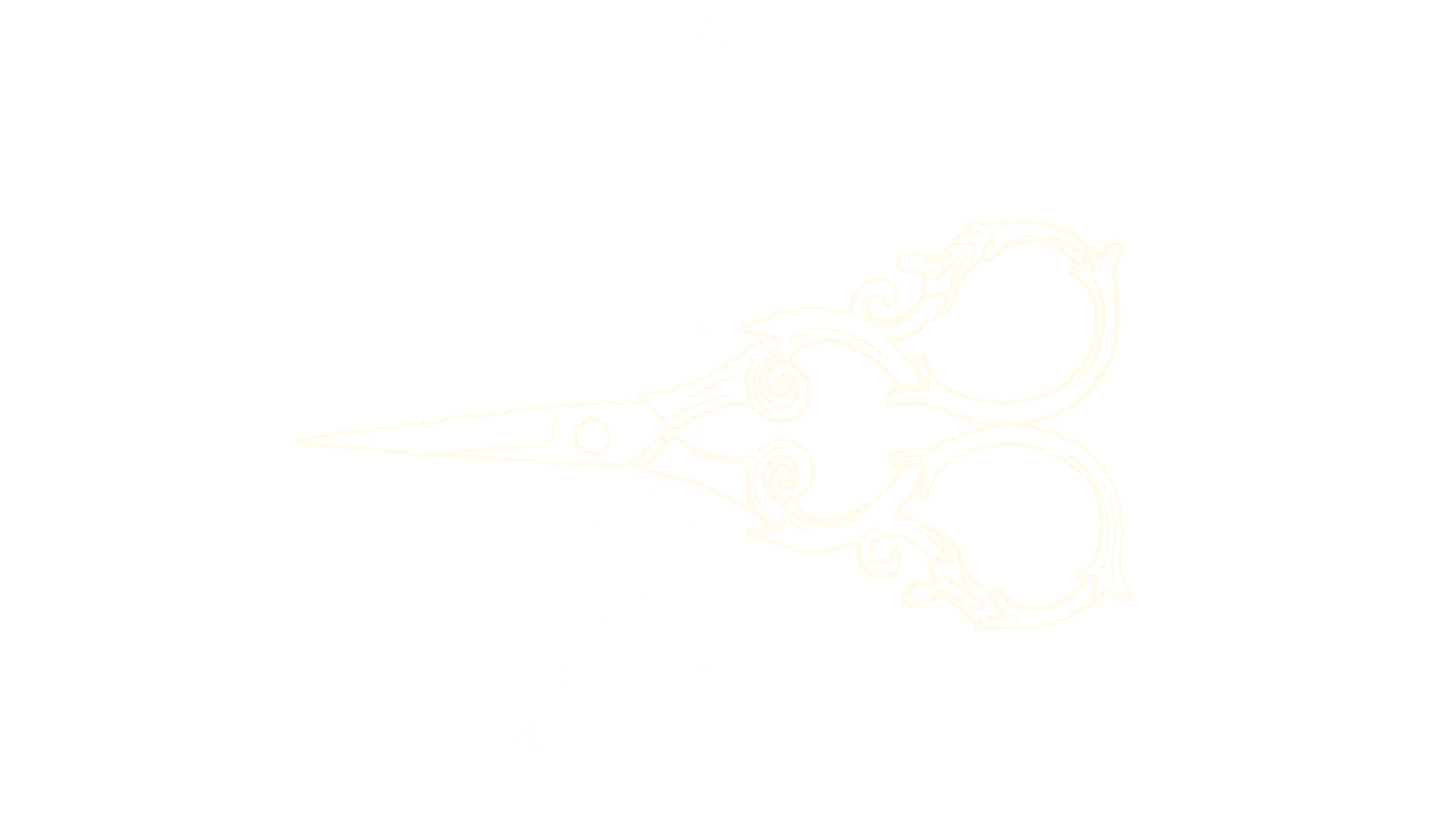 Silhouette of ornate vintage scissors against a black background, with white specks and smudges around it.