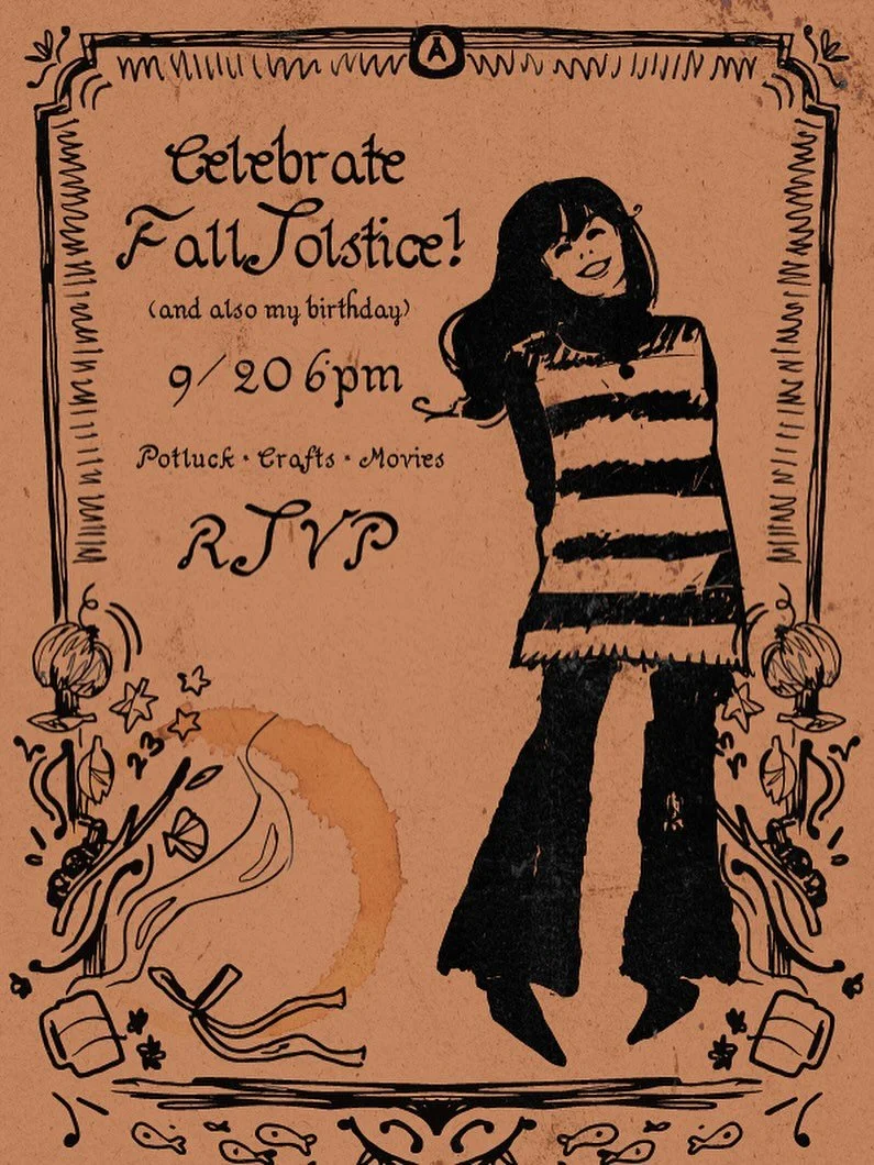 i share my birthday with the fall solstice! it&rsquo;s either the day of or after every year. i made these invites for my party this year that i felt were too cute not to share. 
#illustration #adobeillustrator #krita #fallsolstice #stationarydesign