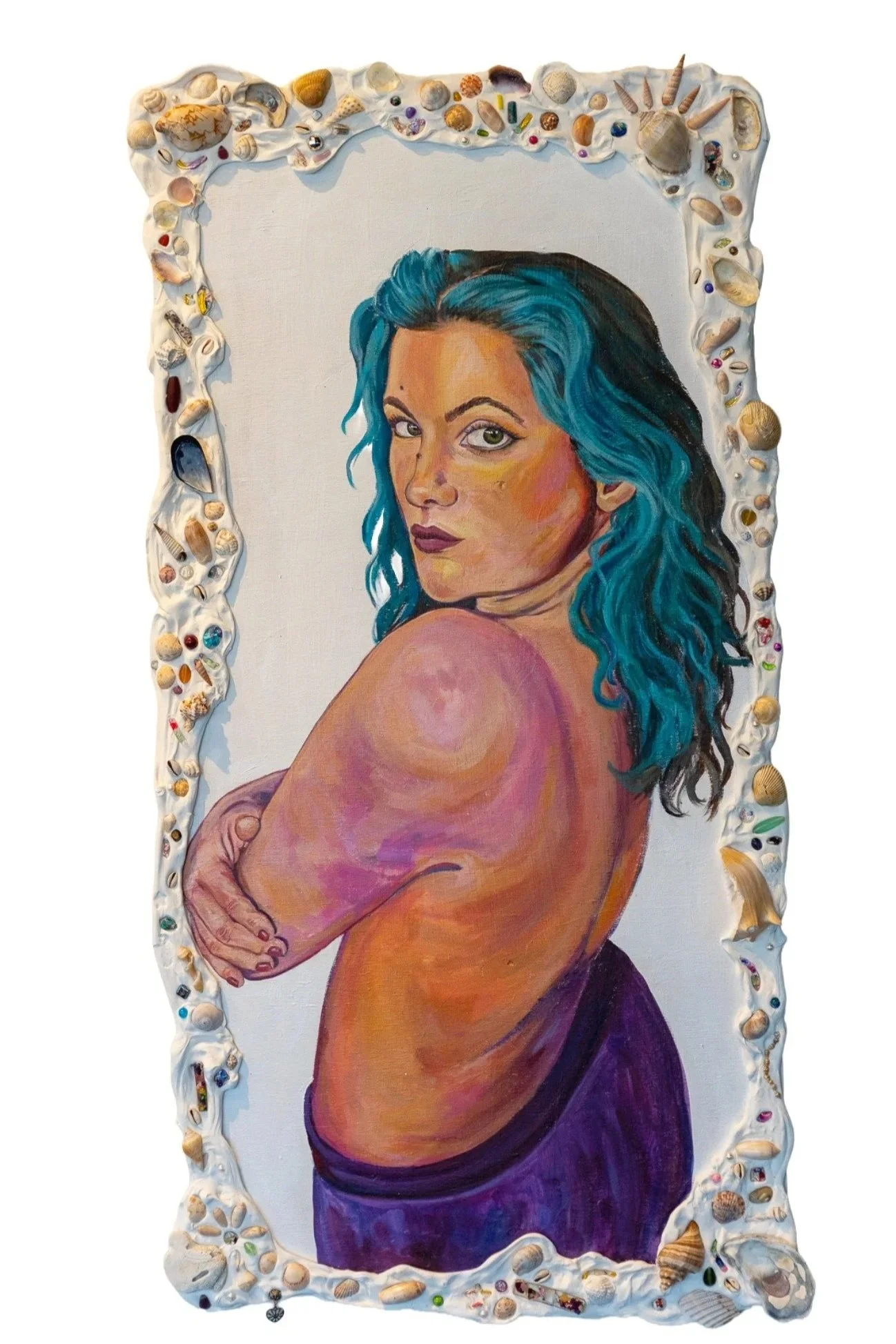 I Think It's Time for Me to Feel Safe, Acrylic Paint, Sea Shells, Air-Dry Foam, Dried Acrylic Paint Peels, Acrylic Paint Encased in Resin Charms, Jewelry Fastening, Beads, Pearls, on  Pine Wood, 26" x 50", 2024